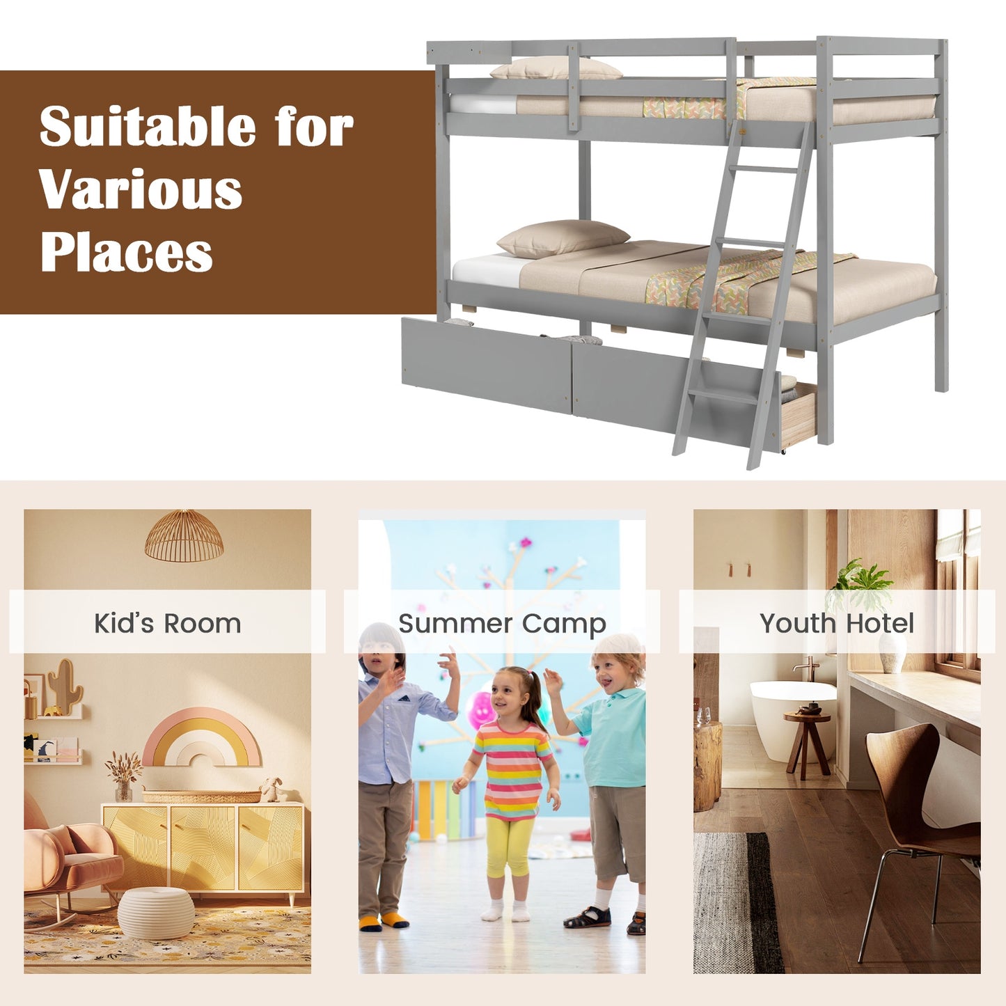 Twin Over Twin Bunk Bed Wood Bed Frame with 2 Storage Drawers and Ladder-Gray Kids Crystal