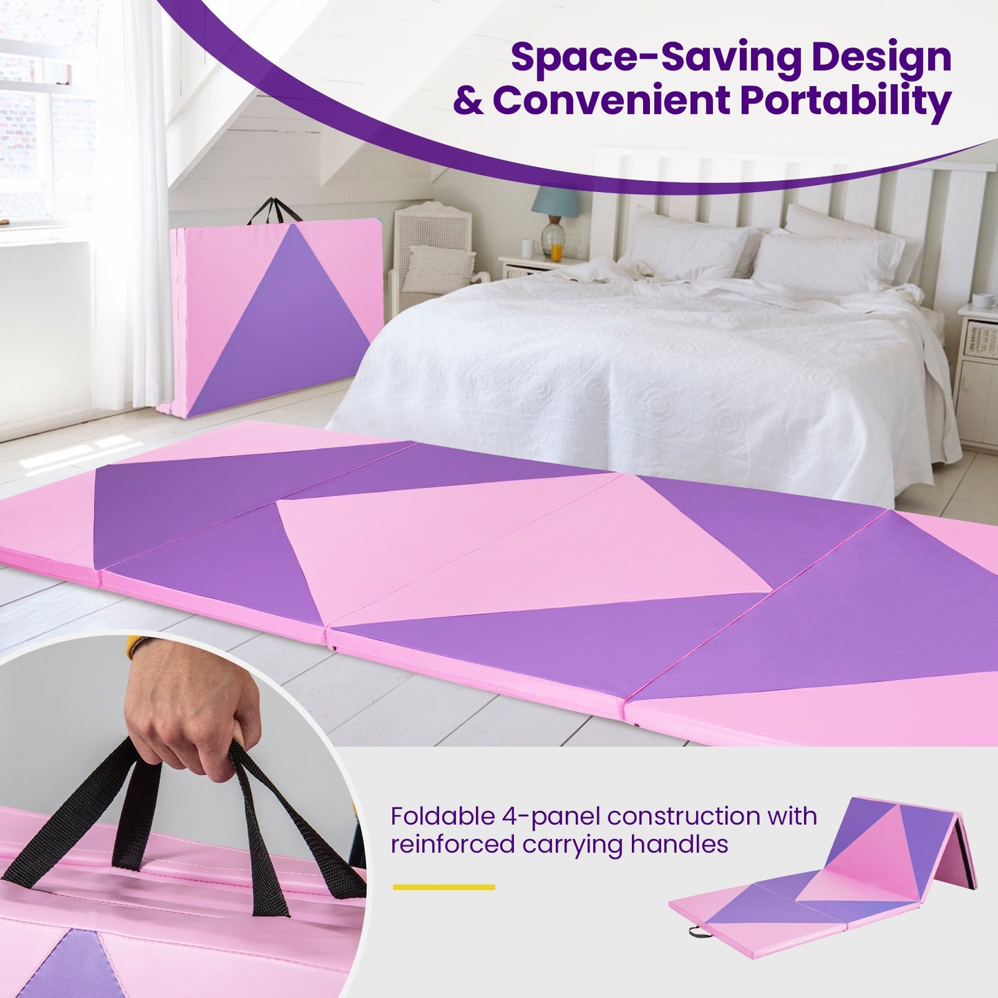 4-Panel PU Leather Folding Exercise Gym Mat with Hook and Loop Fasteners-Pink & Purple Kids Crystal