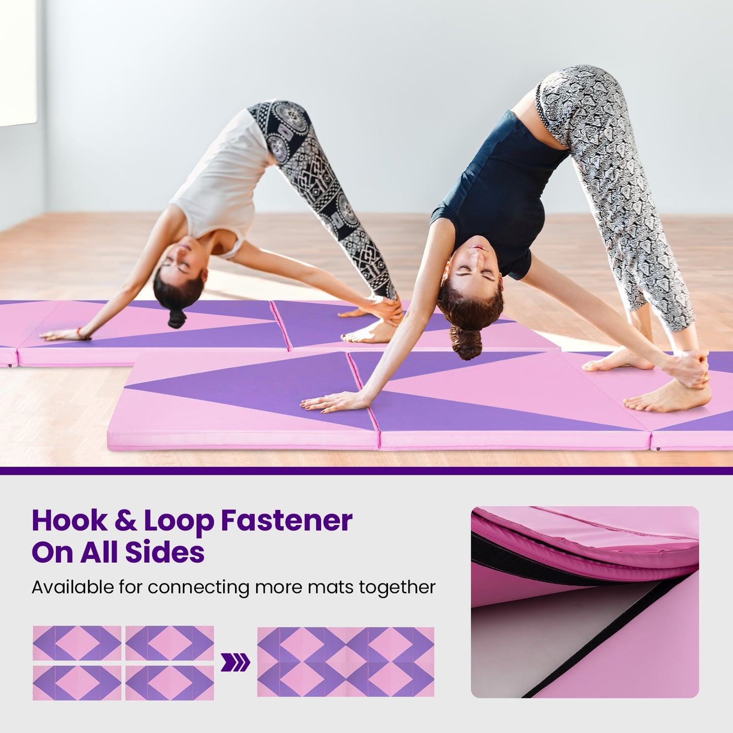 4-Panel PU Leather Folding Exercise Gym Mat with Hook and Loop Fasteners-Pink & Purple Kids Crystal