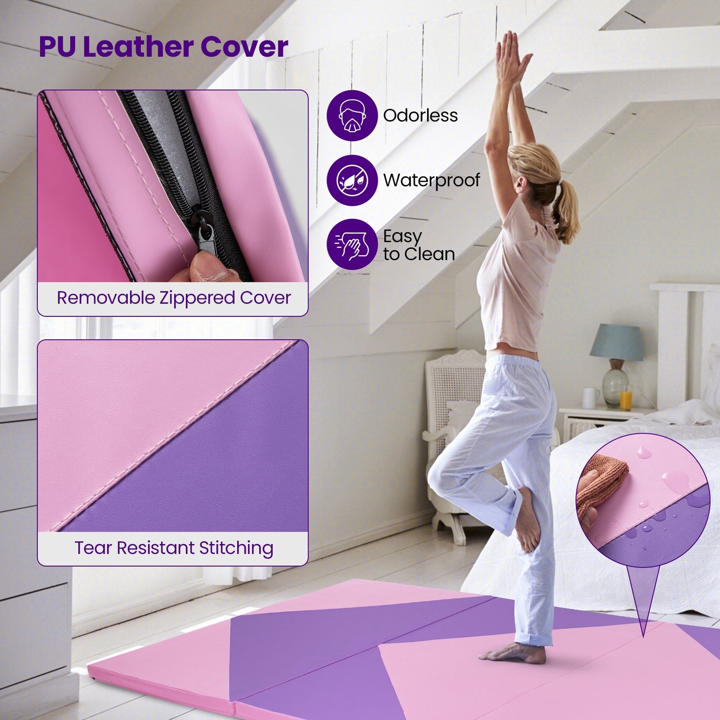 4-Panel PU Leather Folding Exercise Gym Mat with Hook and Loop Fasteners-Pink & Purple Kids Crystal