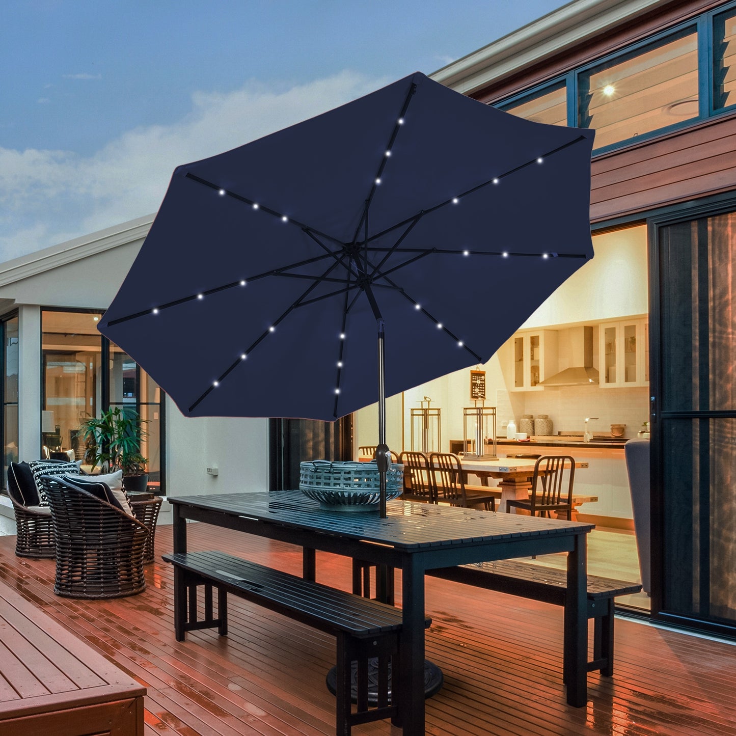 9 Feet Solar LED Lighted Patio Market Umbrella Tilt Adjustment Crank Lift-Dark Blue Kids Crystal