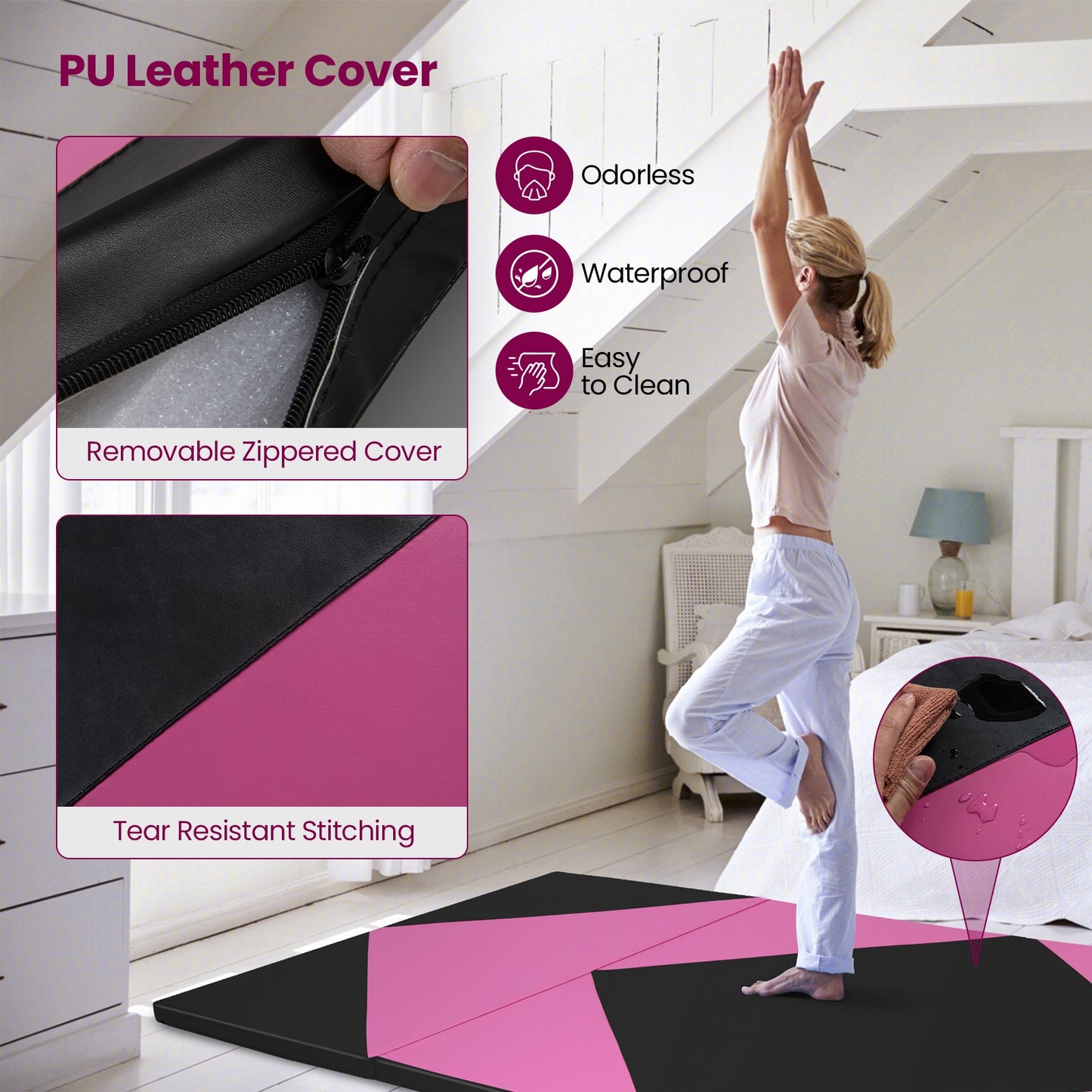 4-Panel PU Leather Folding Exercise Gym Mat with Hook and Loop Fasteners-Black & Pink Kids Crystal