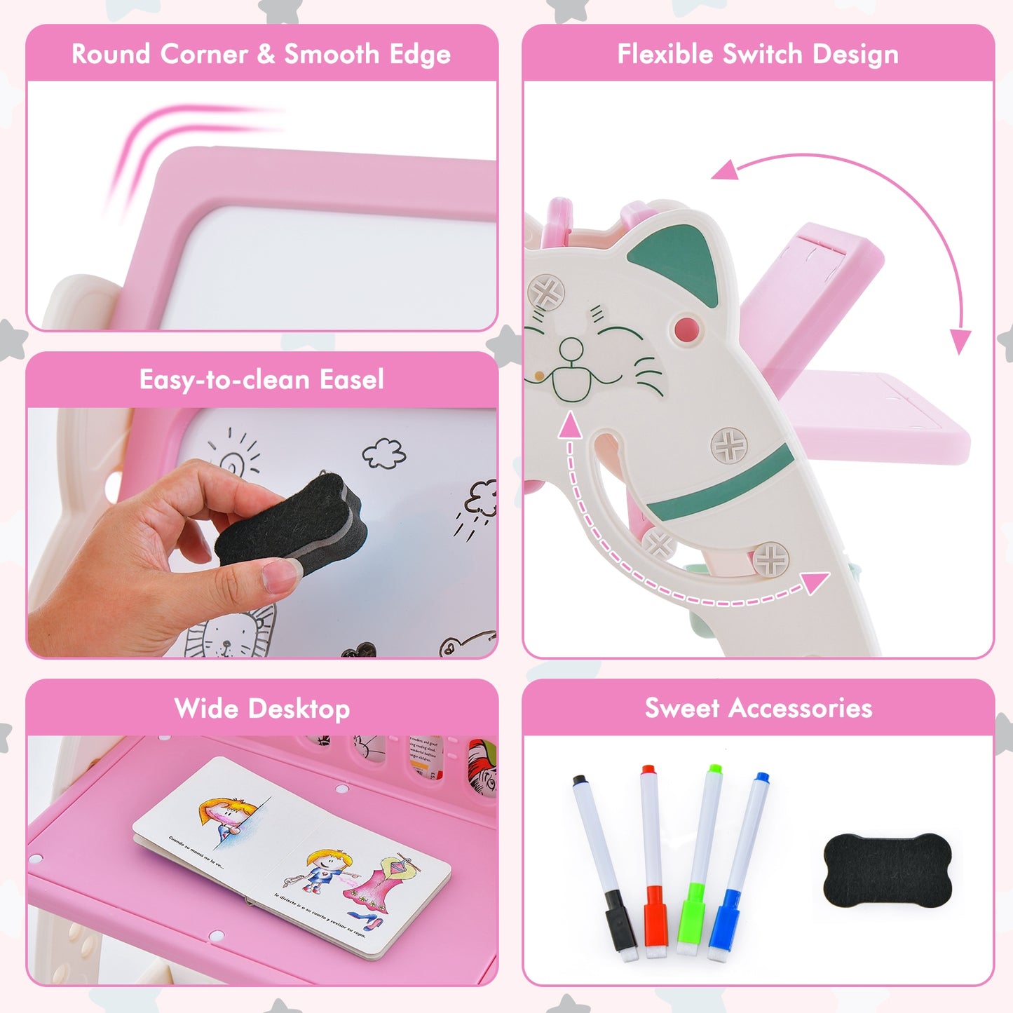 3-In-1 Double Sided Magnetic Dry-Erase Board with Stool and Flipped Writing Desktop-Pink Kids Crystal