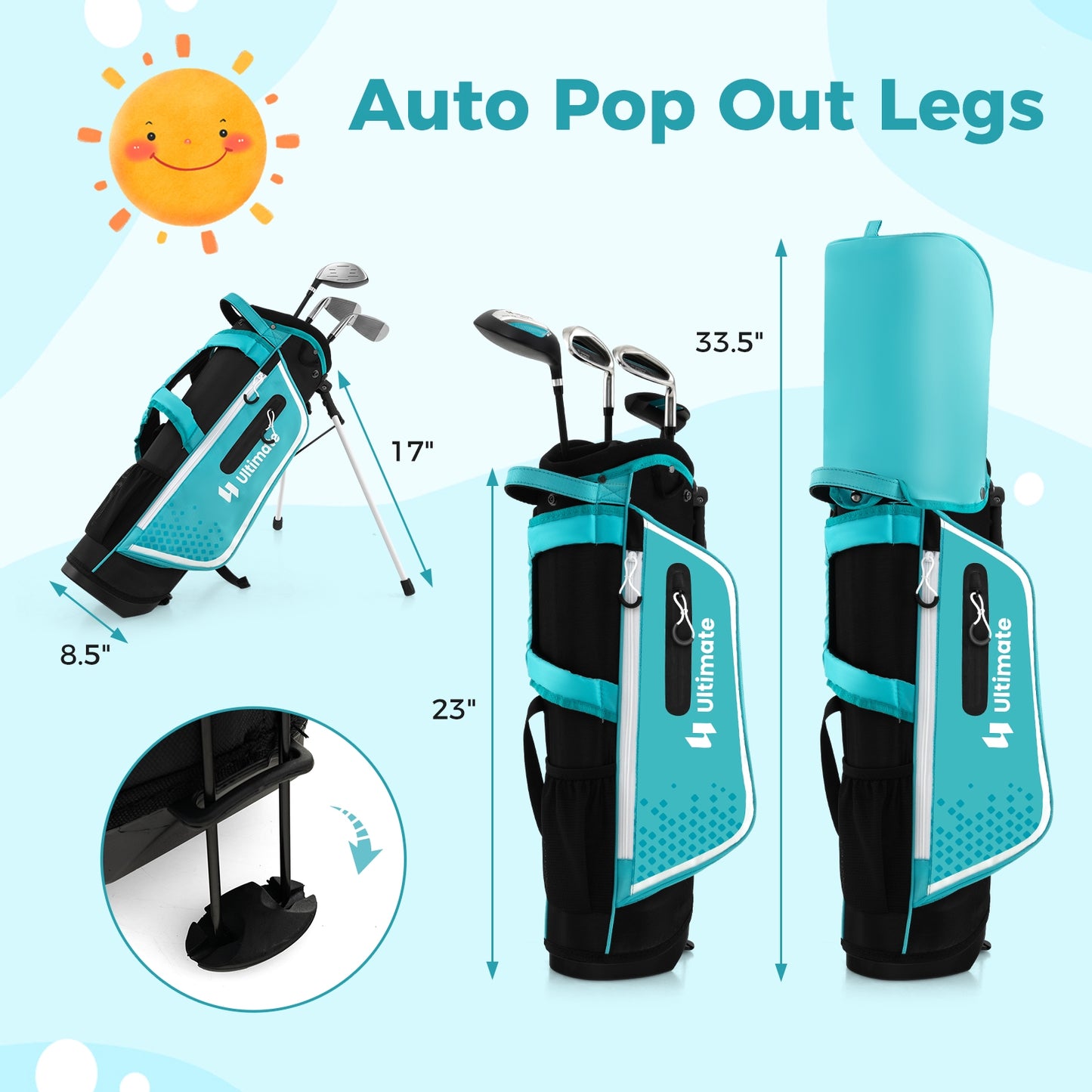 Junior Complete Golf Club Set Right Hand with Rain Hood for Kids-Blue Kids Crystal