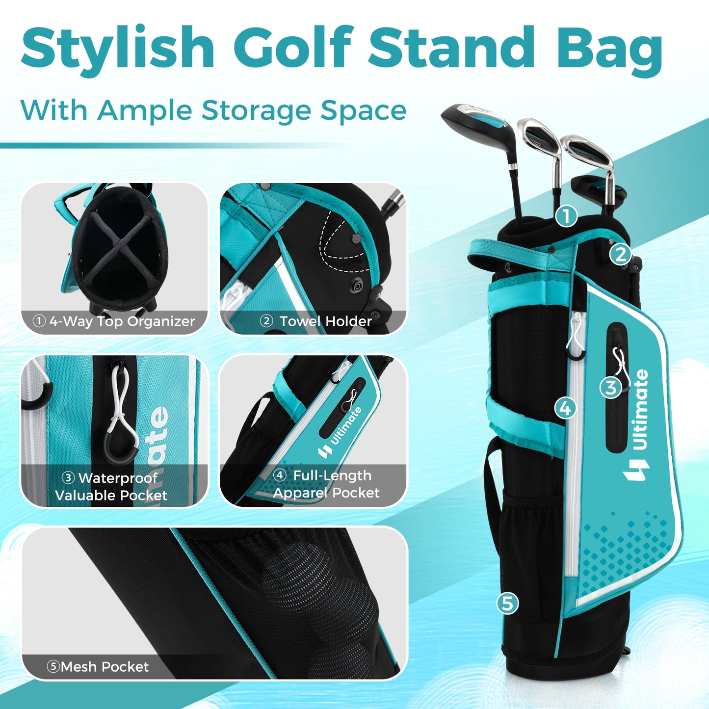 Junior Complete Golf Club Set Right Hand with Rain Hood for Kids-Blue Kids Crystal