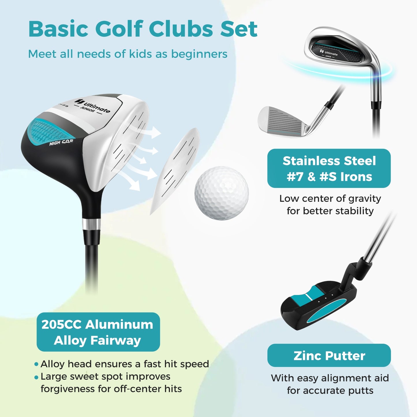 Junior Complete Golf Club Set Right Hand with Rain Hood for Kids-Blue Kids Crystal