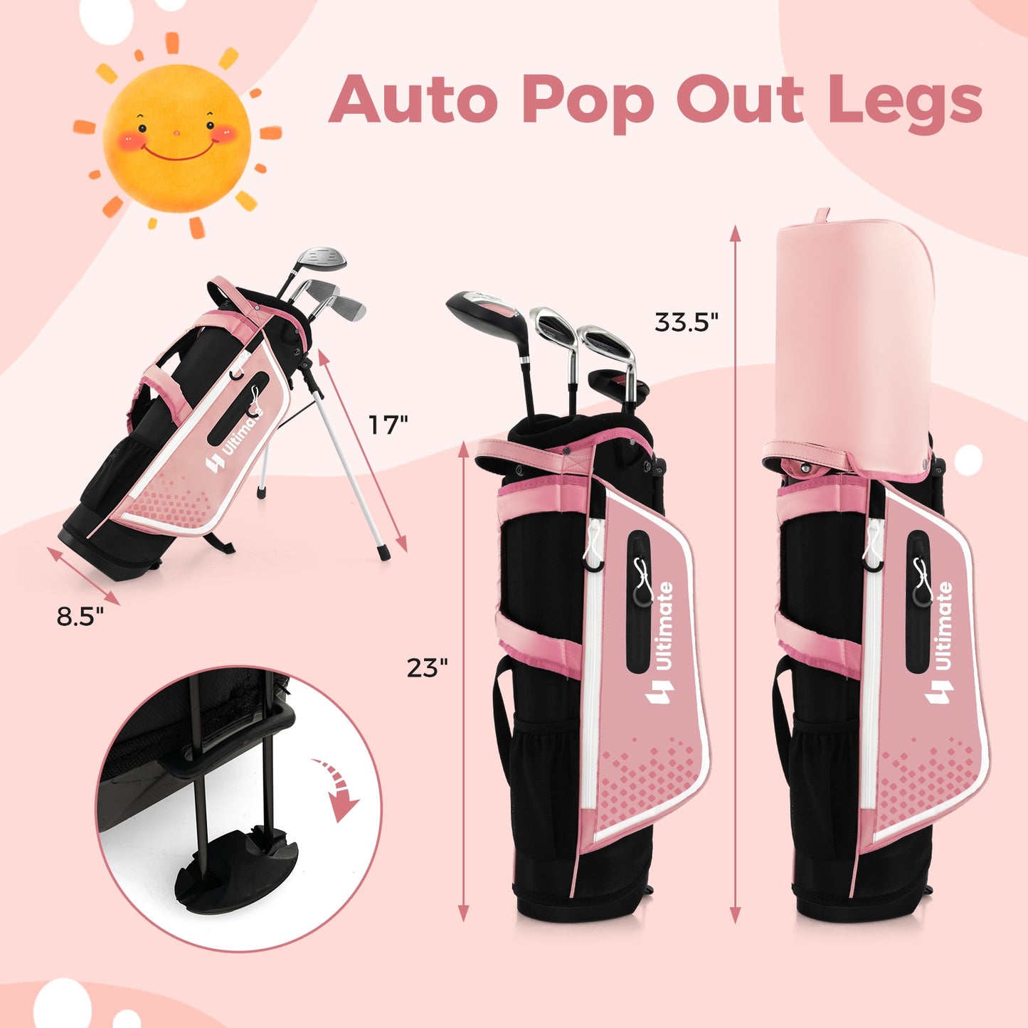 Junior Complete Golf Club Set Right Hand with Rain Hood for Kids-Pink Kids Crystal