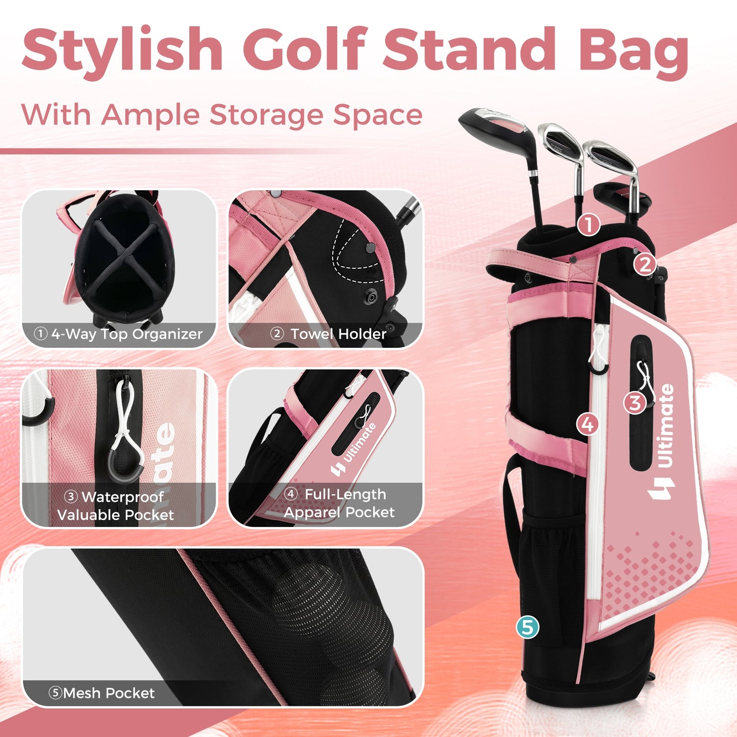 Junior Complete Golf Club Set Right Hand with Rain Hood for Kids-Pink Kids Crystal