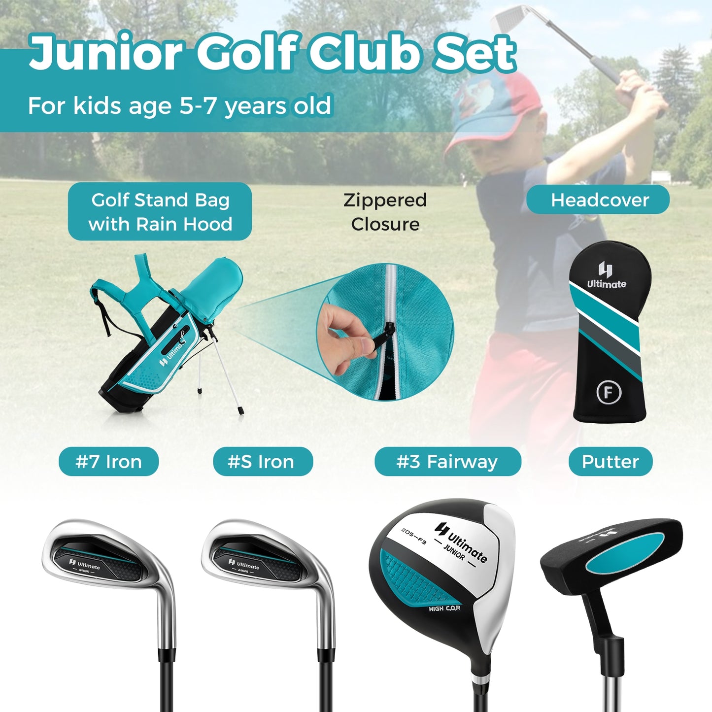 Junior Complete Golf Club Set Right Hand with Rain Hood for Kids-Blue Kids Crystal