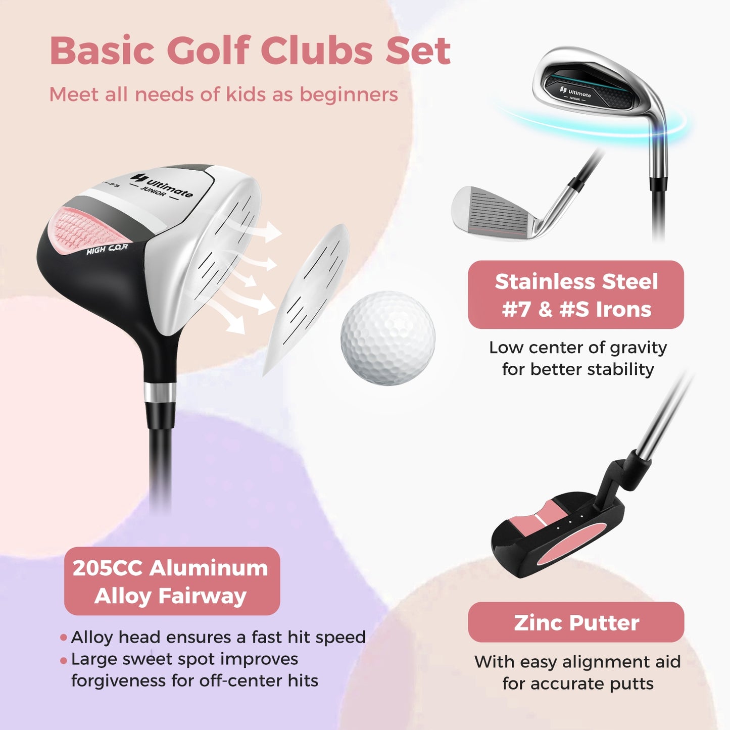 Junior Complete Golf Club Set Right Hand with Rain Hood for Kids-Pink Kids Crystal