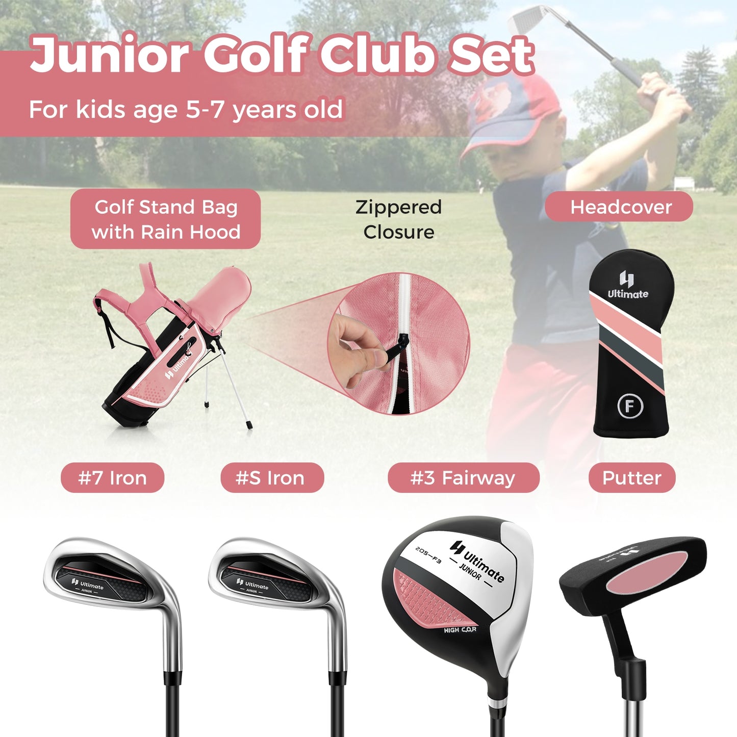 Junior Complete Golf Club Set Right Hand with Rain Hood for Kids-Pink Kids Crystal