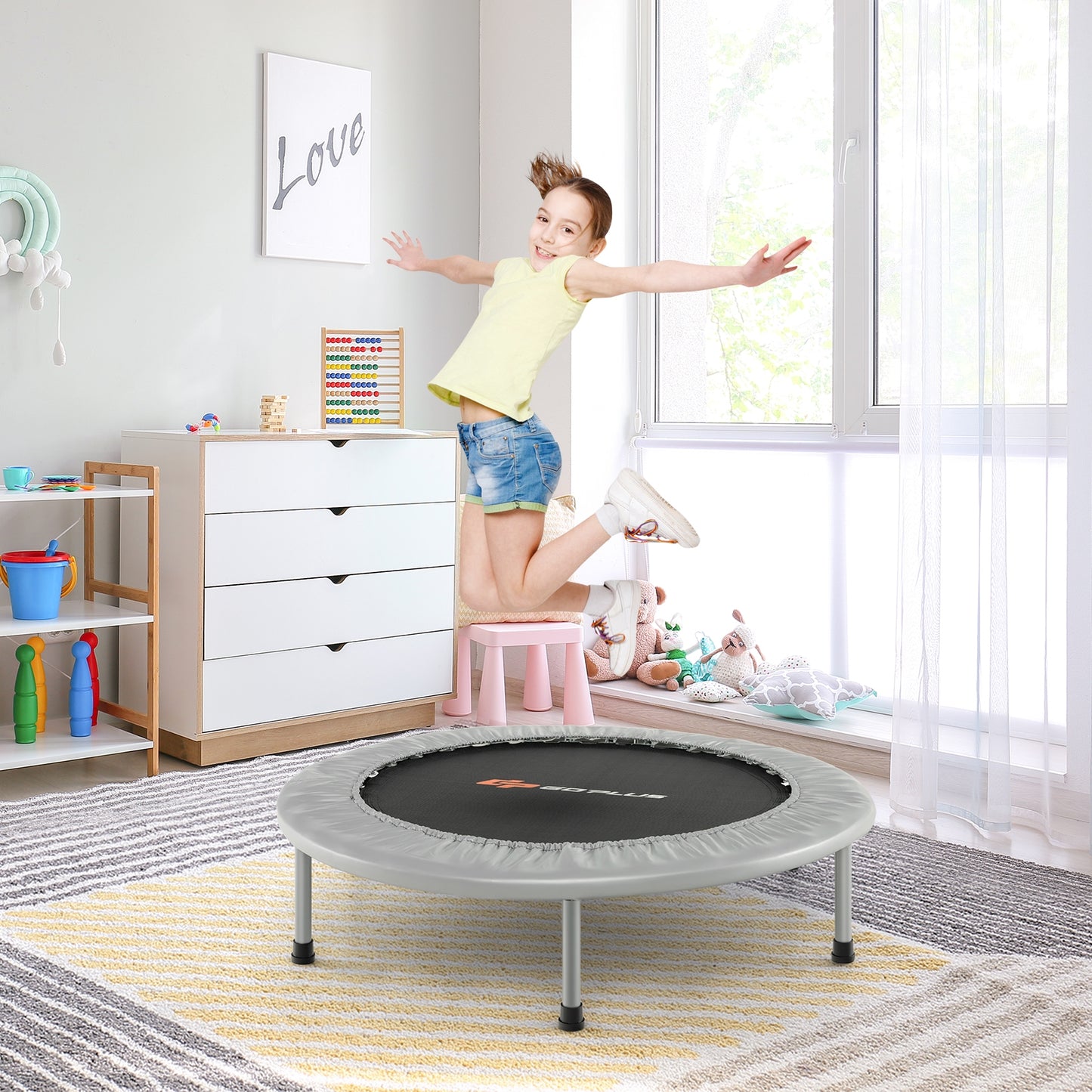 38 Inch Mini Folding Trampoline Portable Recreational Fitness Rebounder-Gray Kids Crystal