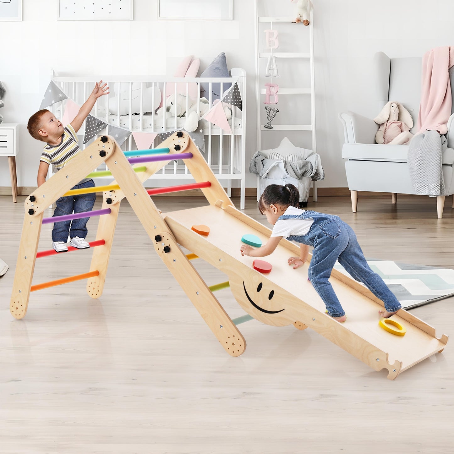Climbing Triangle Ladder Toy Indoor Jungle Gym with Reversible Ramp-Multicolor Kids Crystal