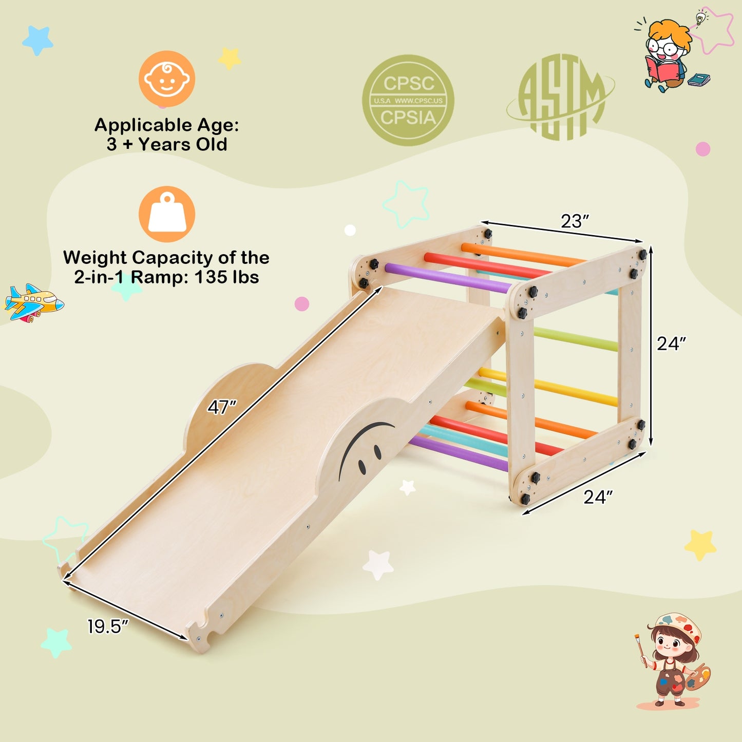 Climbing Triangle Ladder Toy Indoor Jungle Gym with Reversible Ramp-Multicolor Kids Crystal