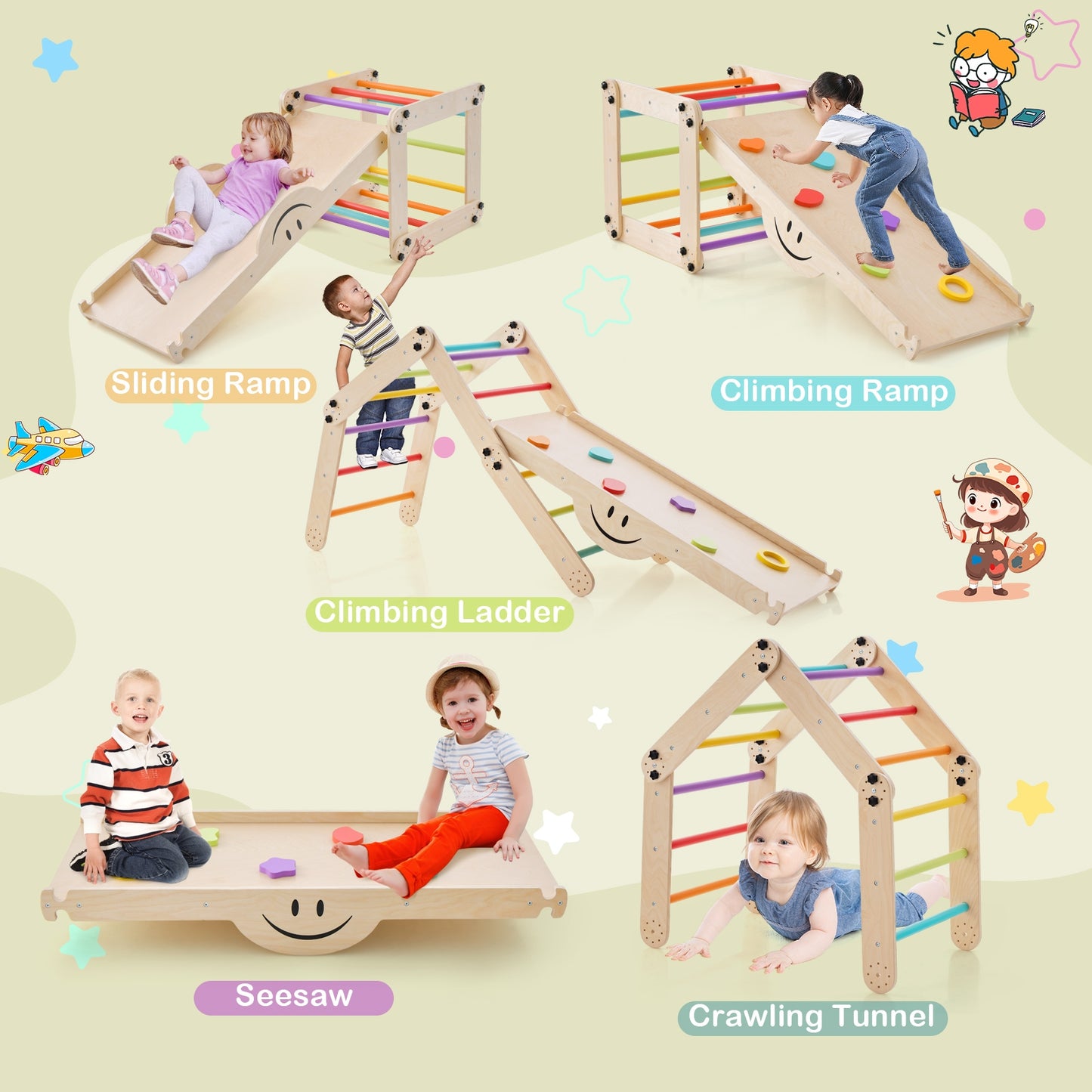 Climbing Triangle Ladder Toy Indoor Jungle Gym with Reversible Ramp-Multicolor Kids Crystal