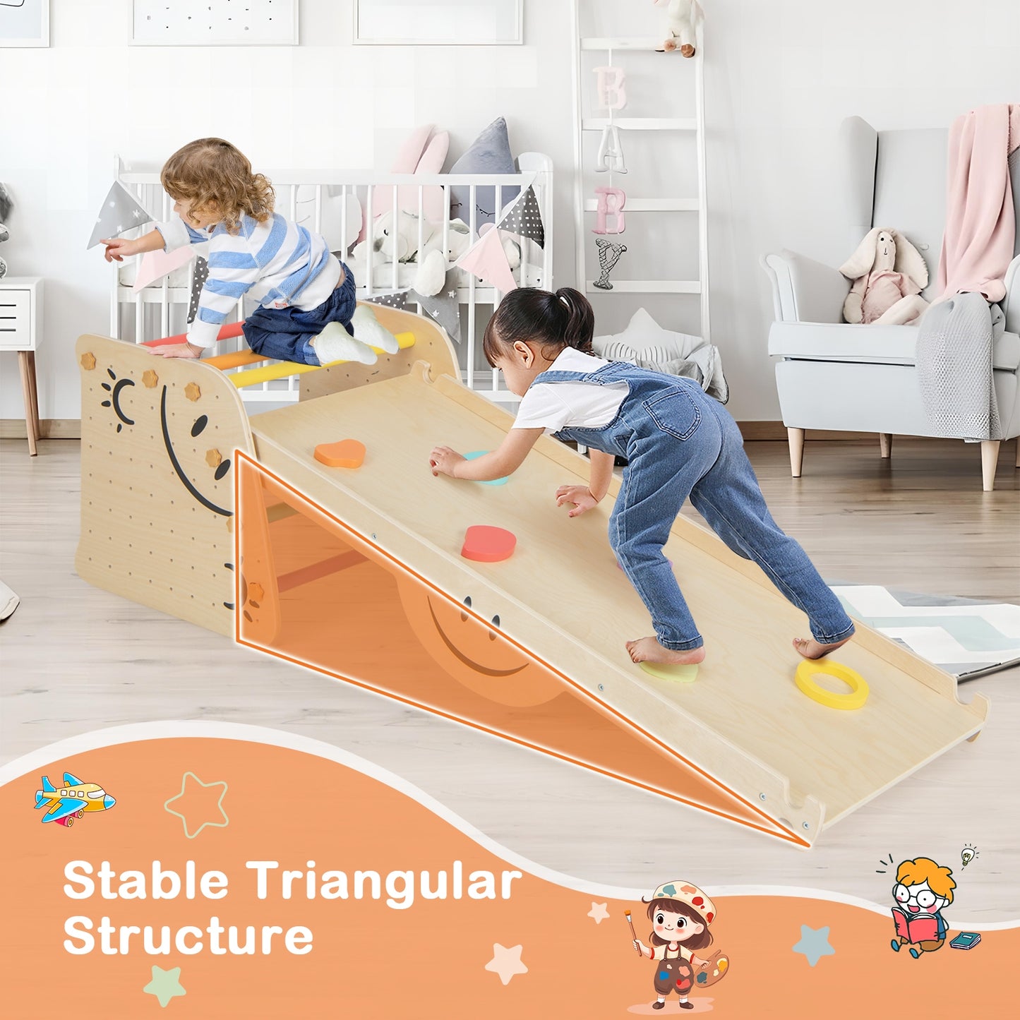 Wooden Climbing Toy Triangle Climber Set with Seesaw-Multicolor Kids Crystal