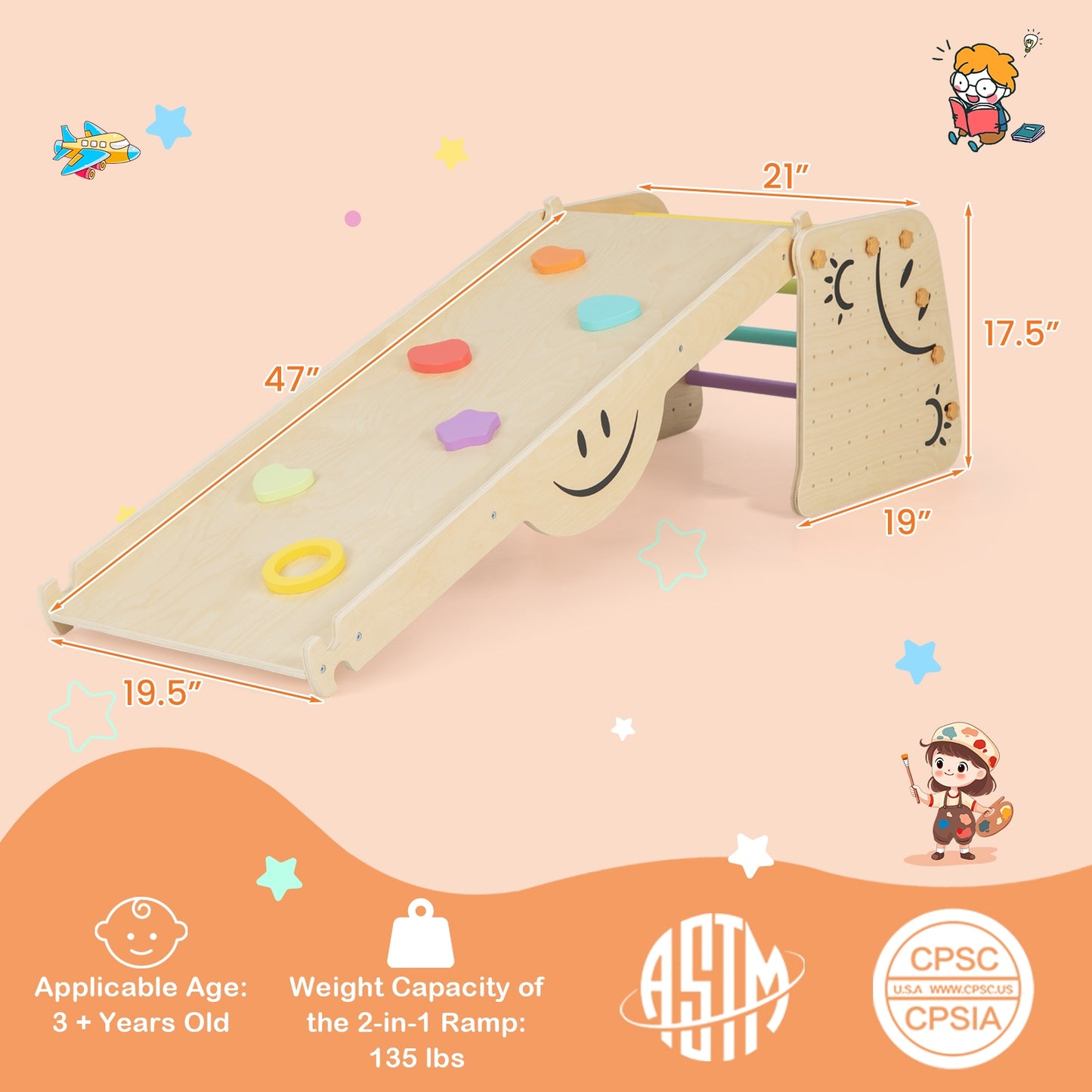 Wooden Climbing Toy Triangle Climber Set with Seesaw-Multicolor Kids Crystal