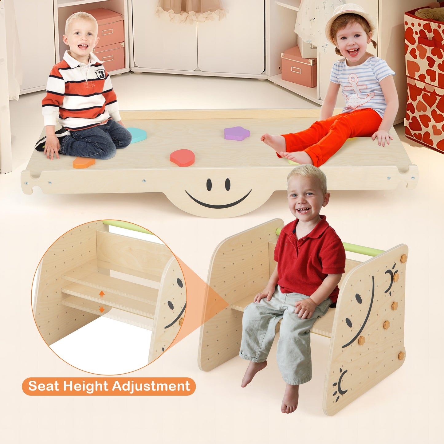 Wooden Climbing Toy Triangle Climber Set with Seesaw-Multicolor Kids Crystal