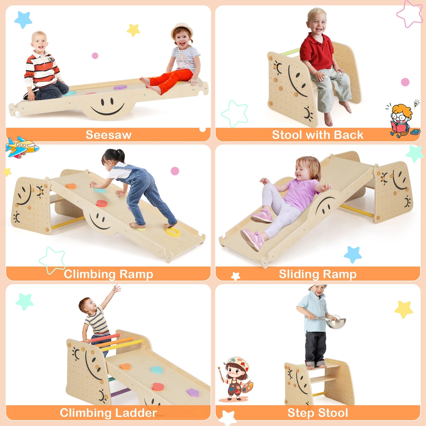 Wooden Climbing Toy Triangle Climber Set with Seesaw-Multicolor Kids Crystal