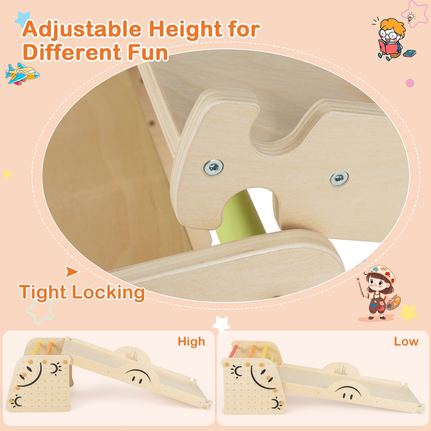 Wooden Climbing Toy Triangle Climber Set with Seesaw-Multicolor Kids Crystal