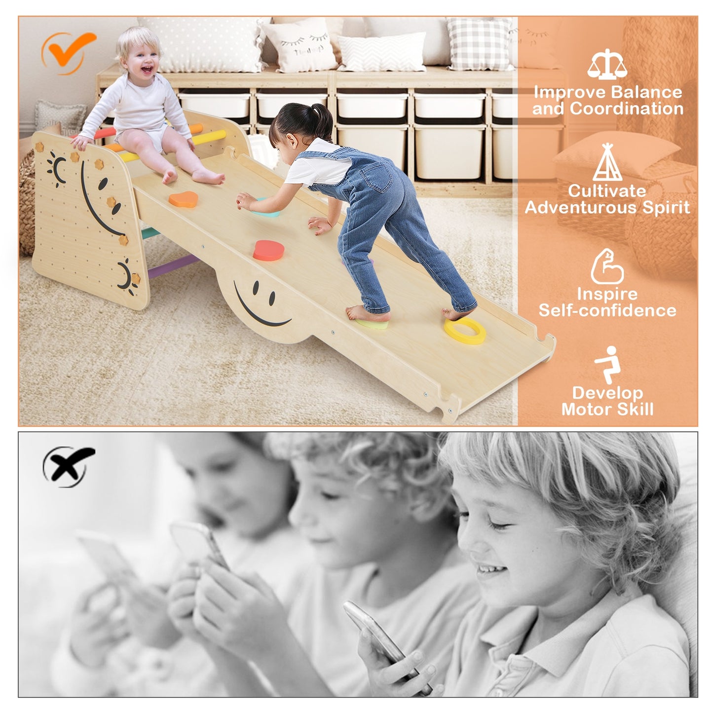 Wooden Climbing Toy Triangle Climber Set with Seesaw-Multicolor Kids Crystal