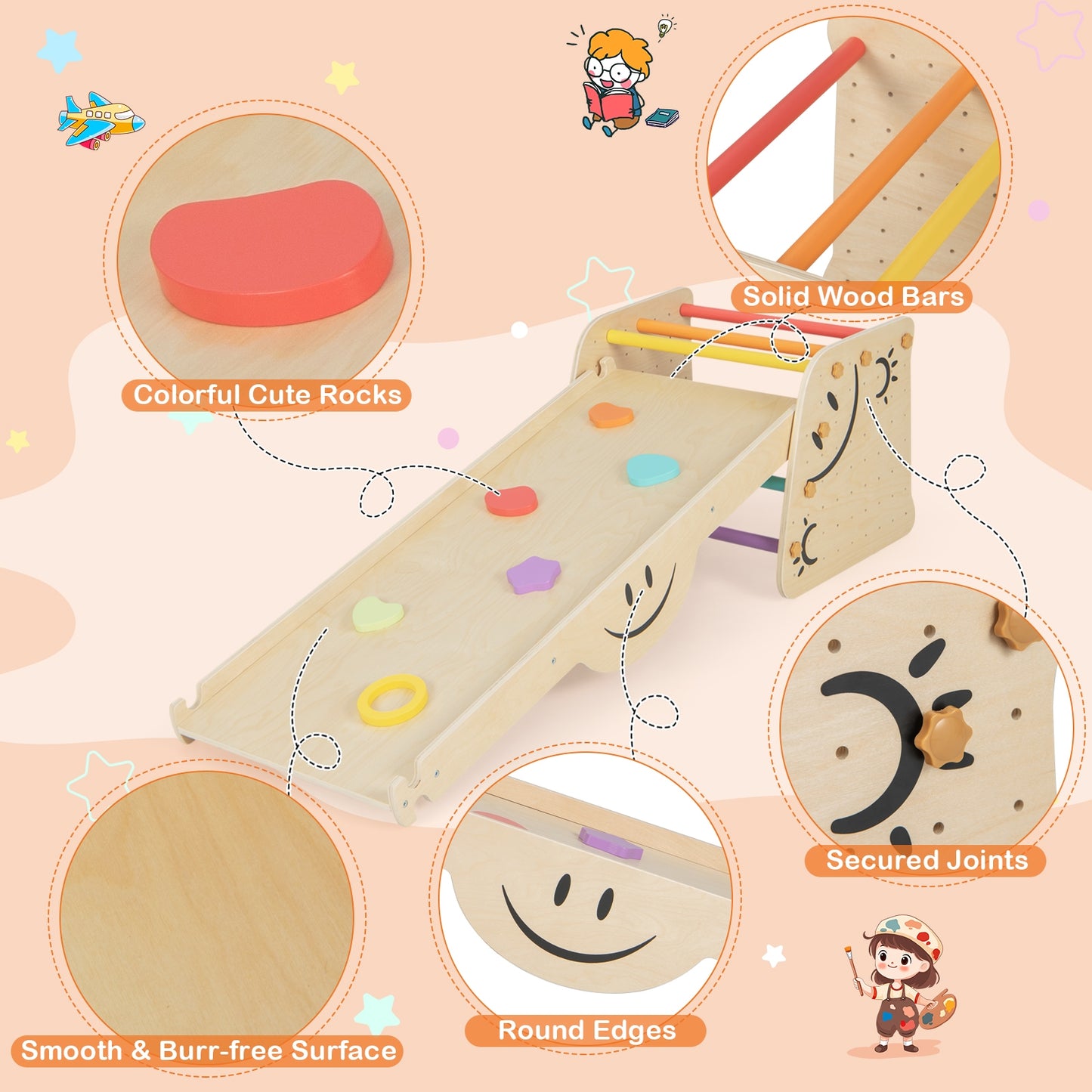 Wooden Climbing Toy Triangle Climber Set with Seesaw-Multicolor Kids Crystal