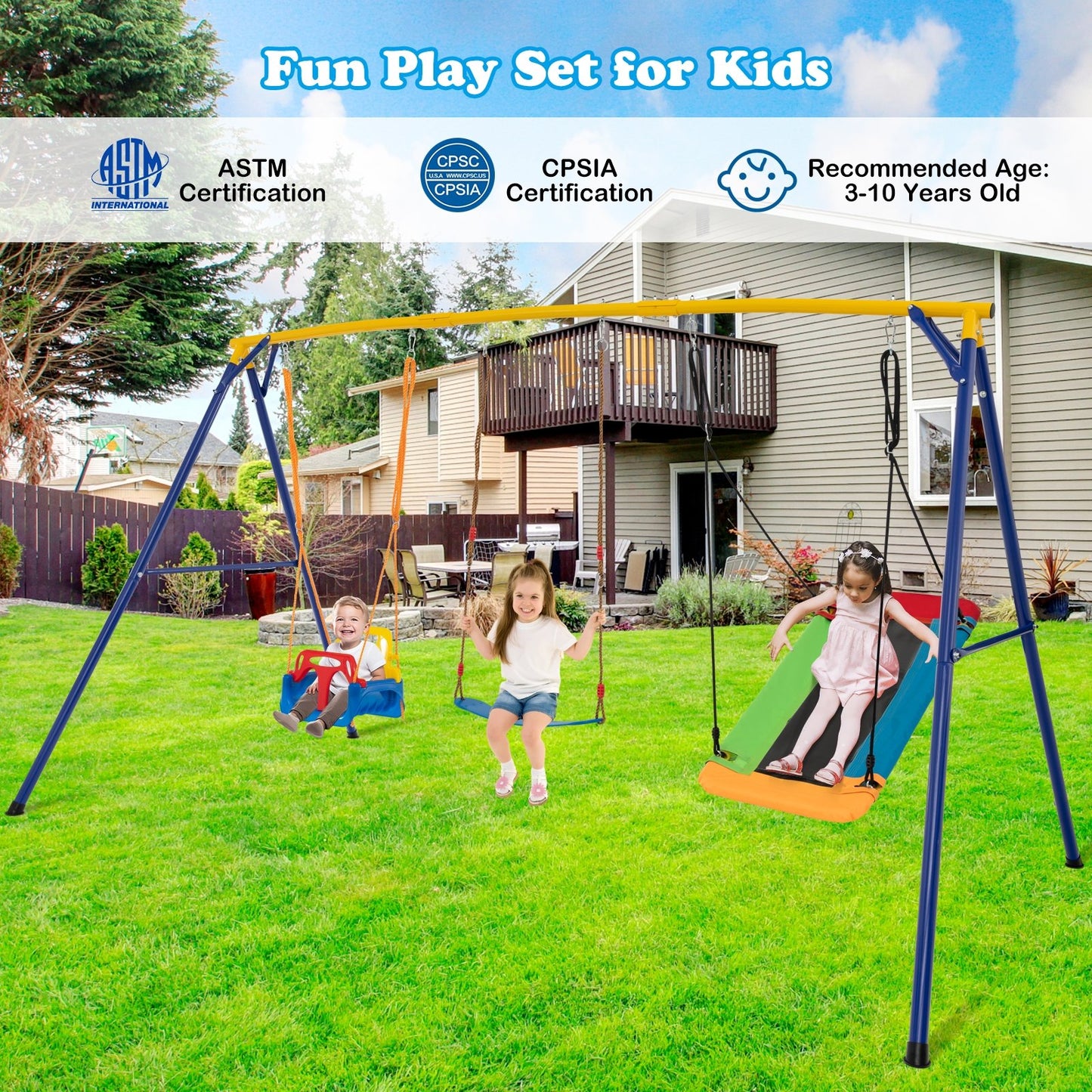 660 LBS Heavy Duty Carbon Steel Swing Frame with 3 Swings-Yellow Kids Crystal