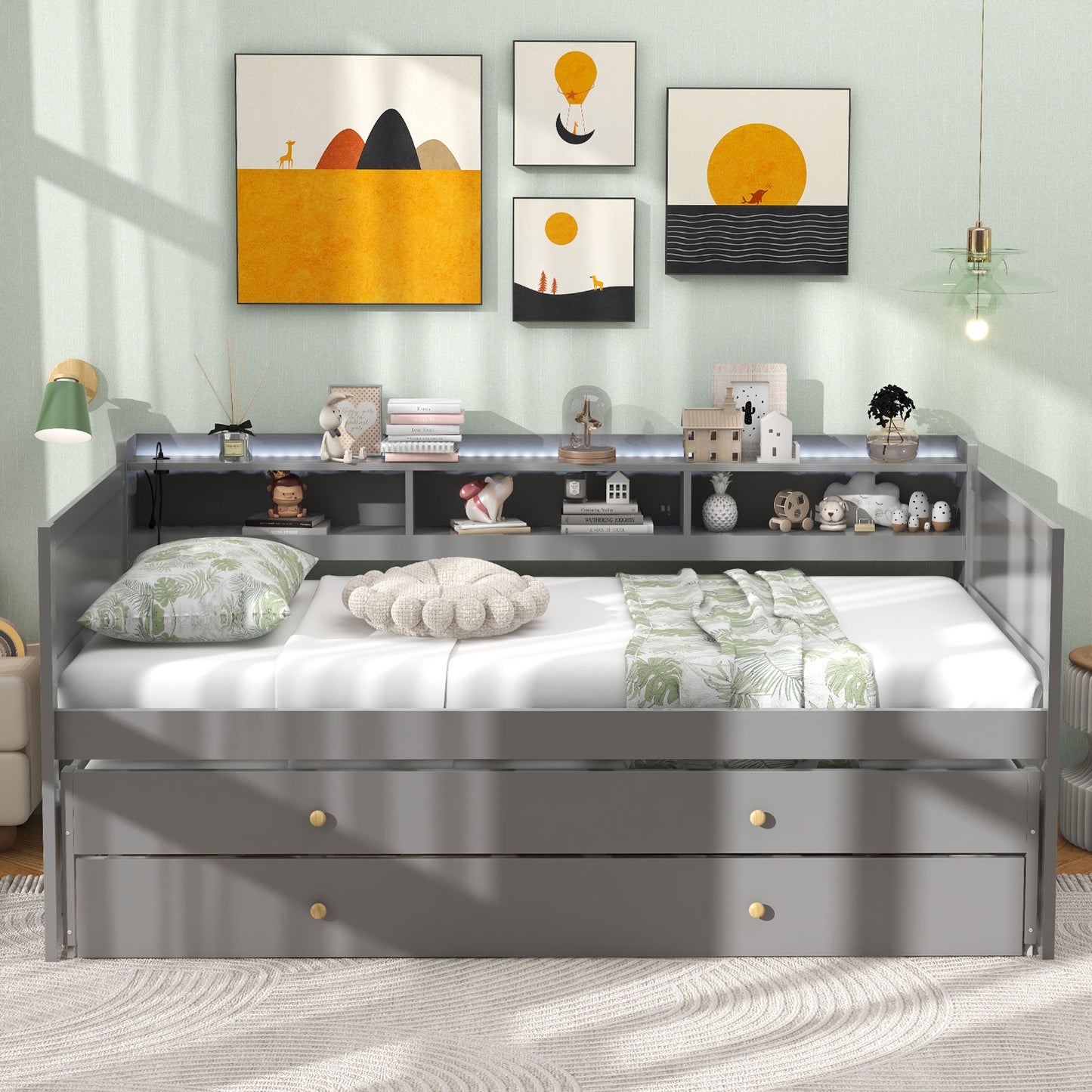 Twin XL Captain Bed with 2 Twin Trundle Beds and 3 Storage Cubbies-Gray Kids Crystal