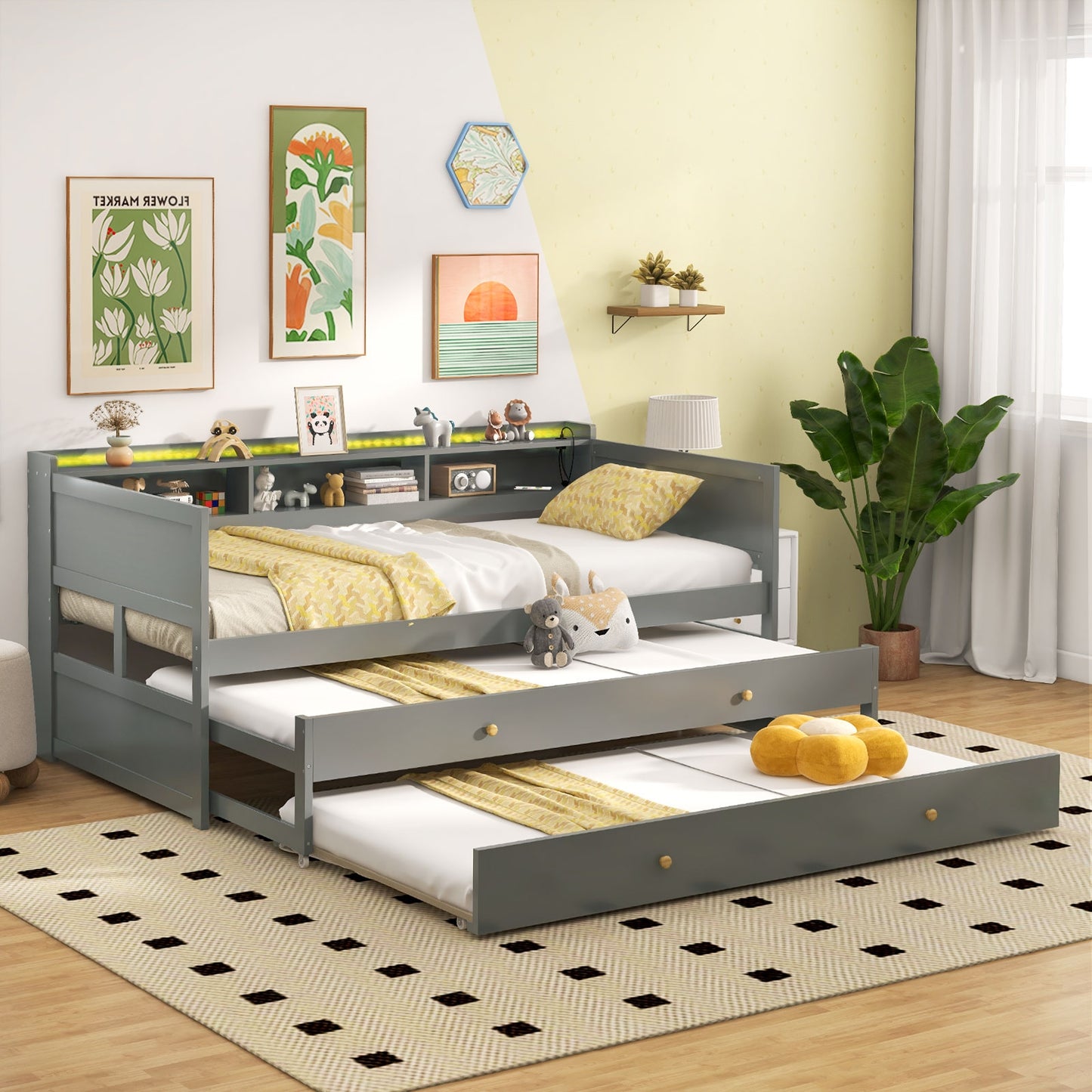 Twin XL Captain Bed with 2 Twin Trundle Beds and 3 Storage Cubbies-Gray Kids Crystal