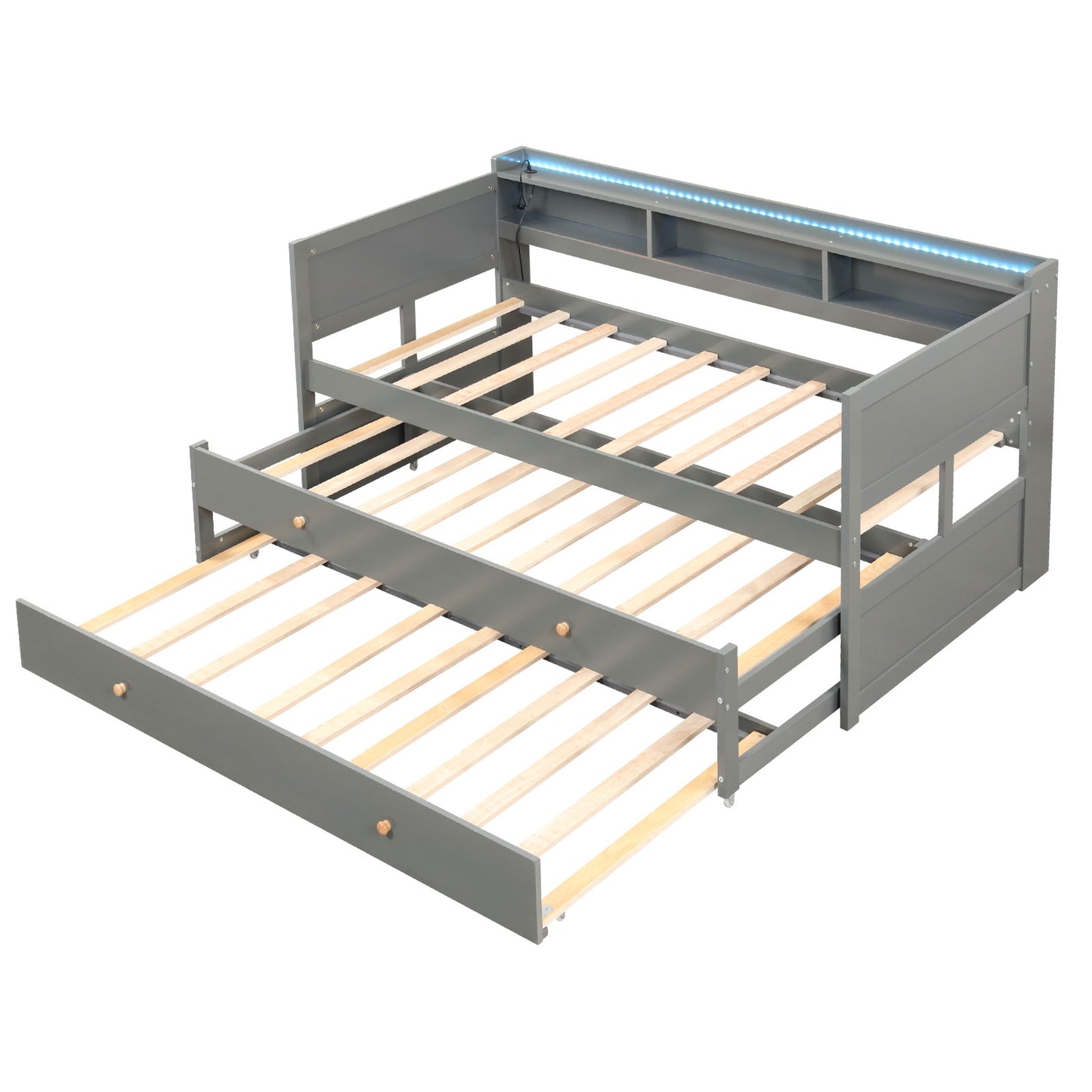 Twin XL Captain Bed with 2 Twin Trundle Beds and 3 Storage Cubbies-Gray Kids Crystal