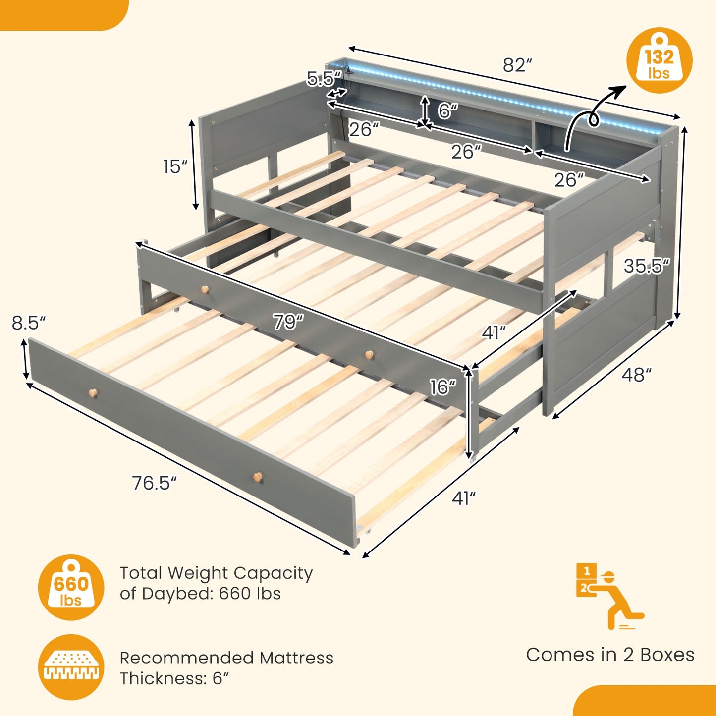 Twin XL Captain Bed with 2 Twin Trundle Beds and 3 Storage Cubbies-Gray Kids Crystal