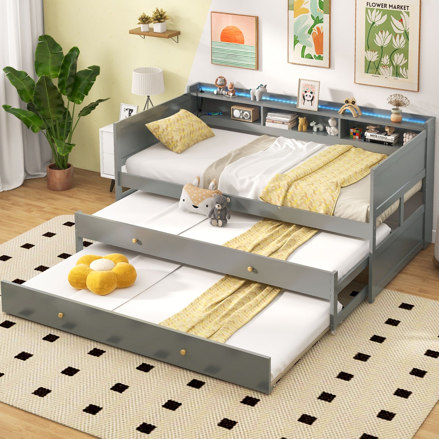 Twin XL Captain Bed with 2 Twin Trundle Beds and 3 Storage Cubbies-Gray Kids Crystal