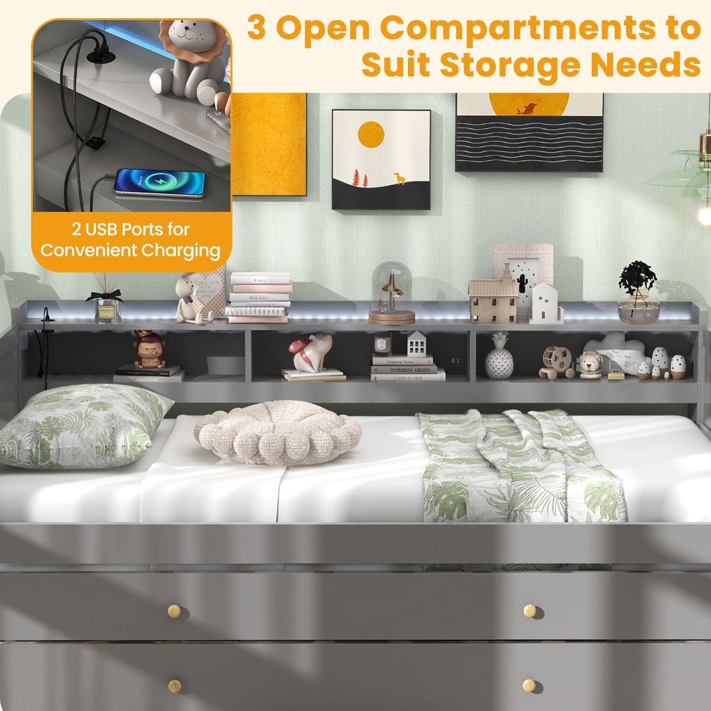 Twin XL Captain Bed with 2 Twin Trundle Beds and 3 Storage Cubbies-Gray Kids Crystal