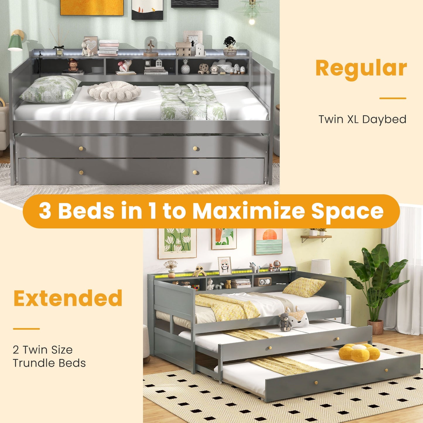 Twin XL Captain Bed with 2 Twin Trundle Beds and 3 Storage Cubbies-Gray Kids Crystal