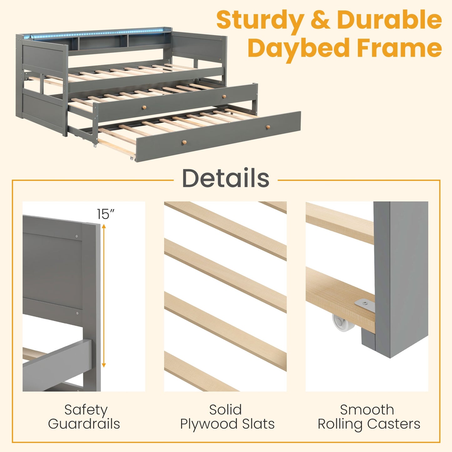 Twin XL Captain Bed with 2 Twin Trundle Beds and 3 Storage Cubbies-Gray Kids Crystal