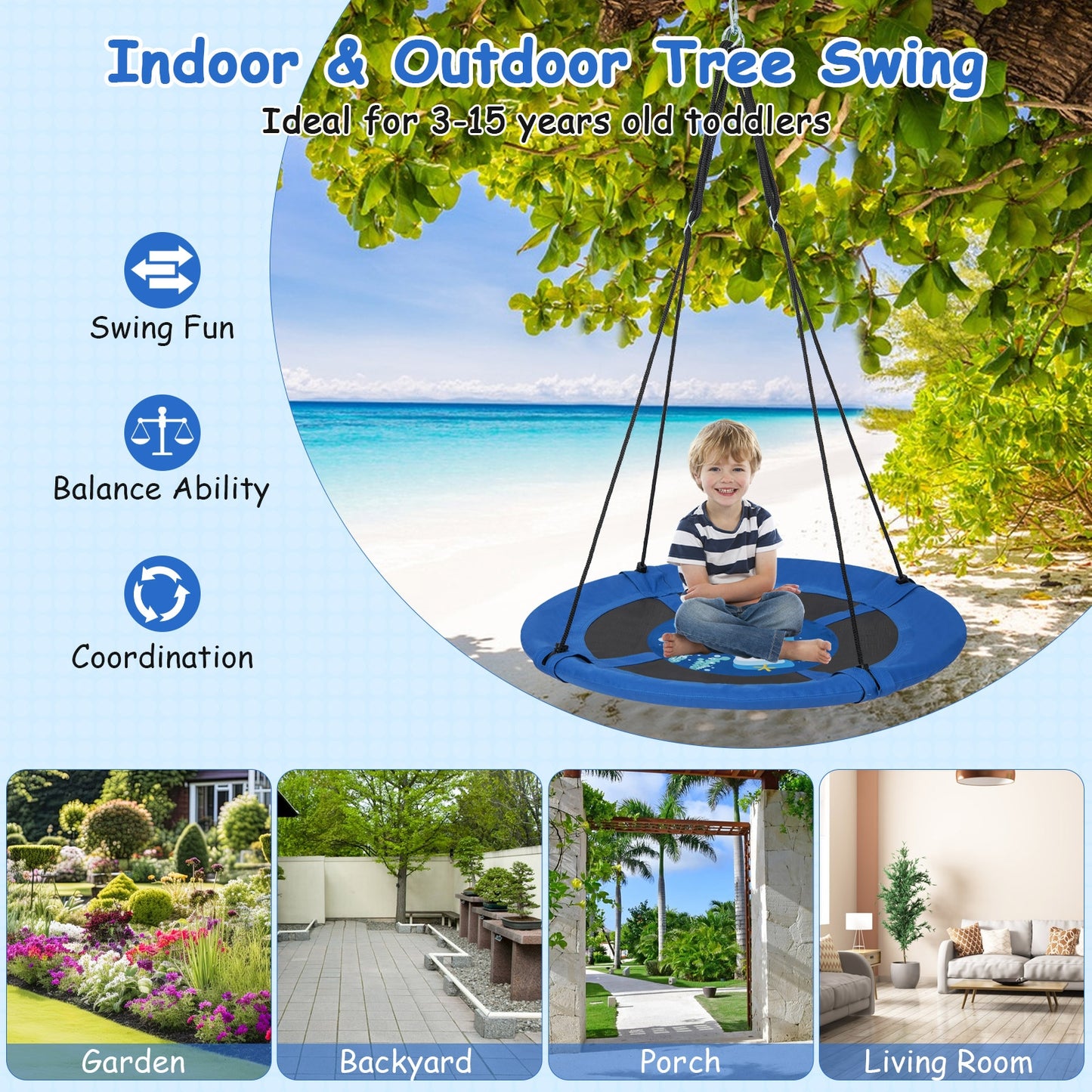 40 Inches Saucer Tree Swing with Adjustable Hanging Ropes and 900D Oxford Fabric-Whale Kids Crystal
