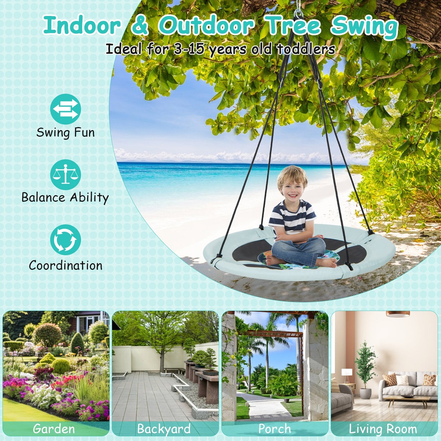 40 Inches Saucer Tree Swing with Adjustable Hanging Ropes and 900D Oxford Fabric-Forest Kids Crystal