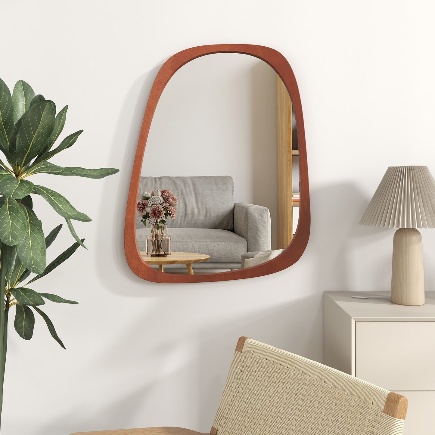 Asymmetrical Abstract Irregular Shaped Wall Mirror with Rustic Frame-Natural Kids Crystal