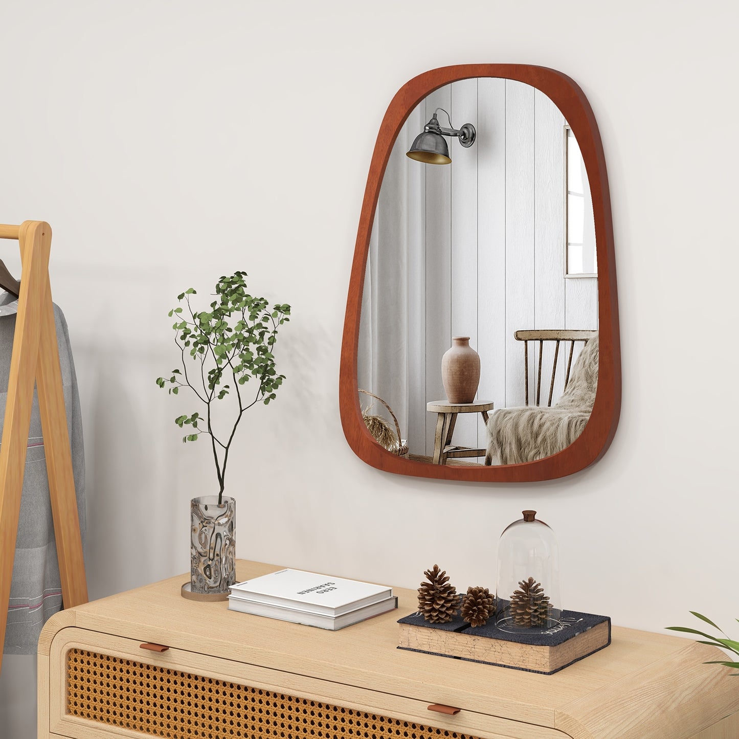 Asymmetrical Abstract Irregular Shaped Wall Mirror with Rustic Frame-Natural Kids Crystal