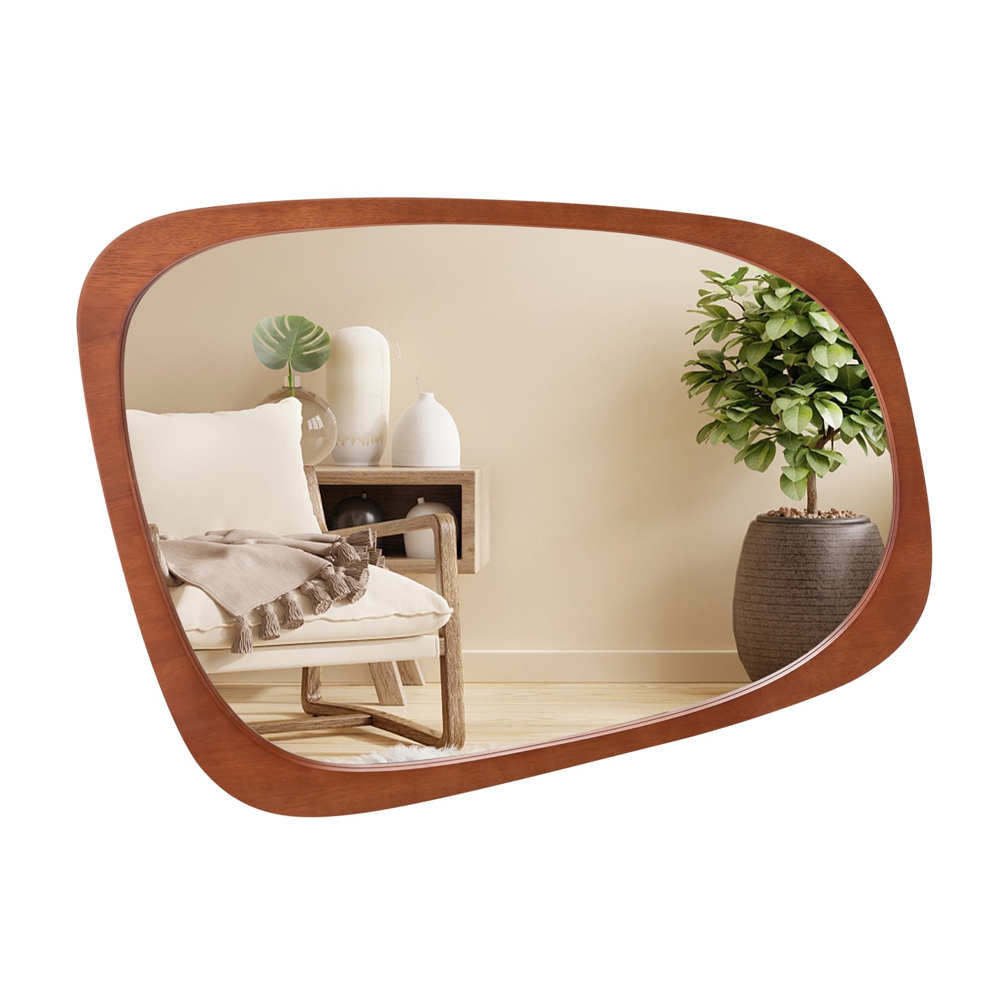 Asymmetrical Abstract Irregular Shaped Wall Mirror with Rustic Frame-Natural Kids Crystal