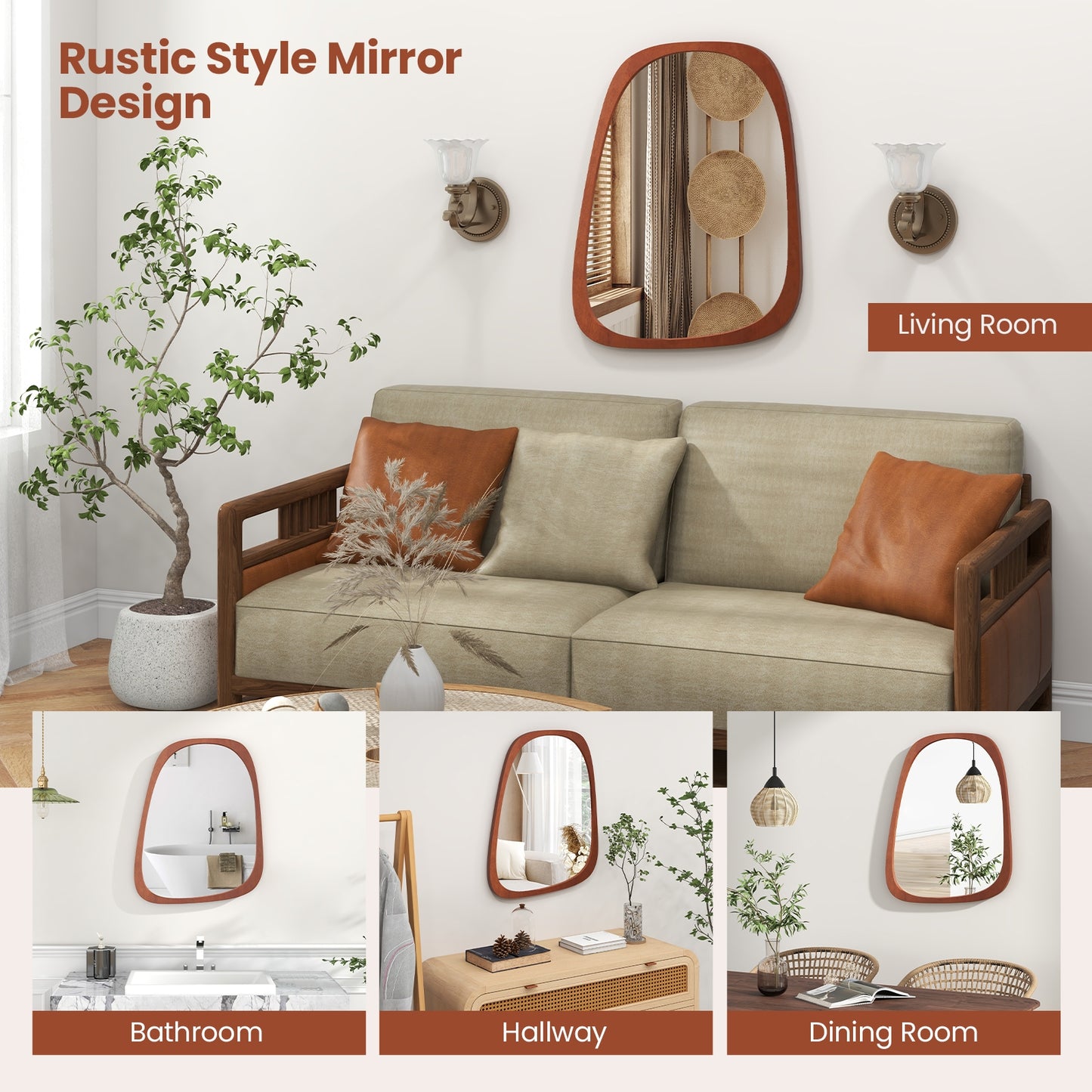 Asymmetrical Abstract Irregular Shaped Wall Mirror with Rustic Frame-Natural Kids Crystal