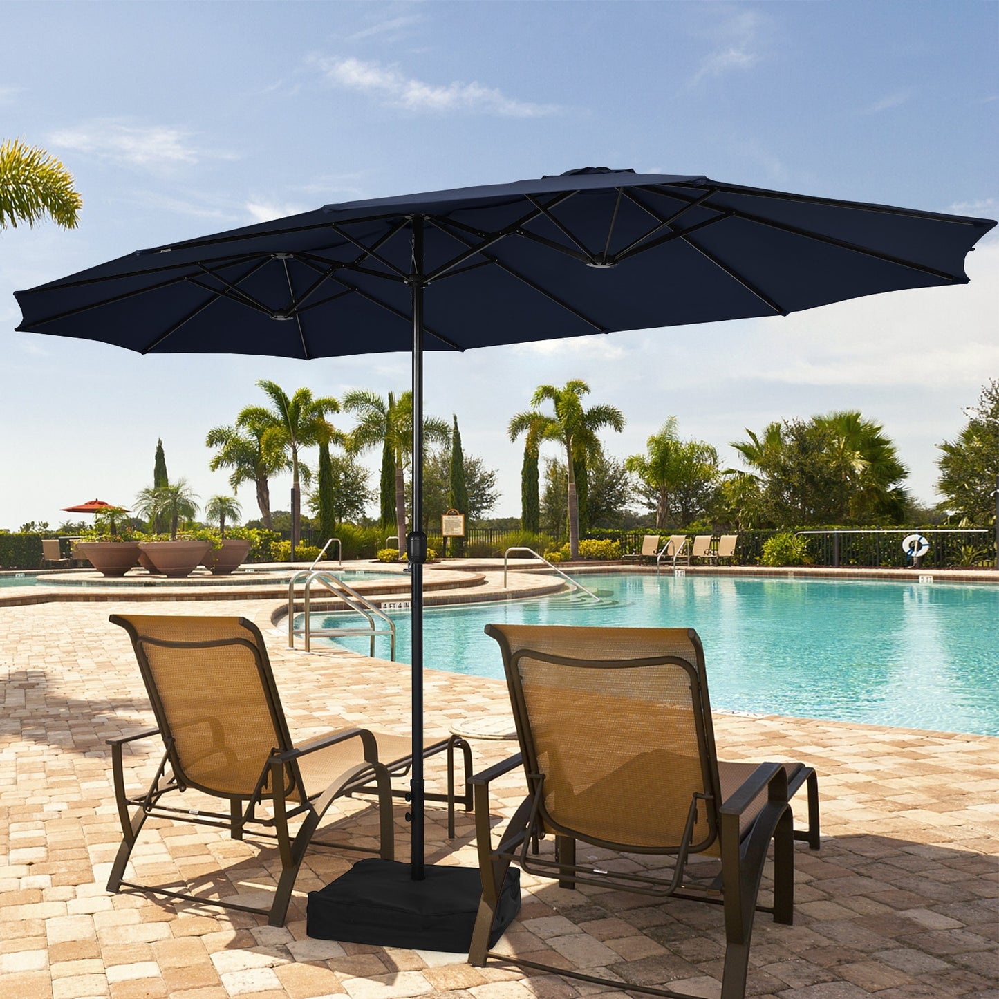 15 Feet Double-Sided Twin Patio Umbrella with Crank and Base-Navy Kids Crystal