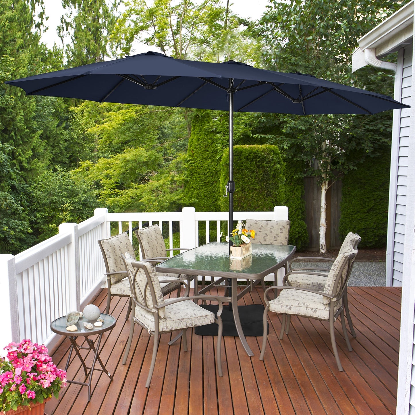 15 Feet Double-Sided Twin Patio Umbrella with Crank and Base-Navy Kids Crystal