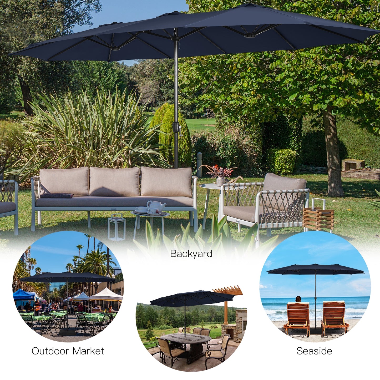 15 Feet Double-Sided Twin Patio Umbrella with Crank and Base-Navy Kids Crystal