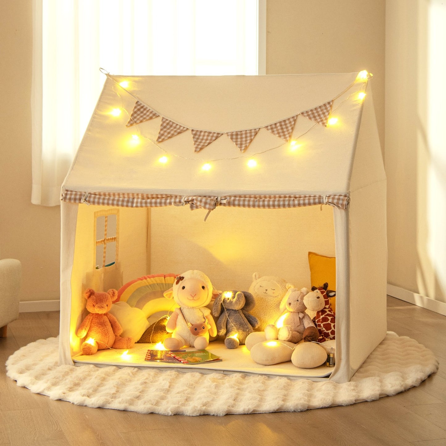 Kids Play Tent Large Playhouse with Padded Mat and 2 Breathable Windows-Beige Kids Crystal