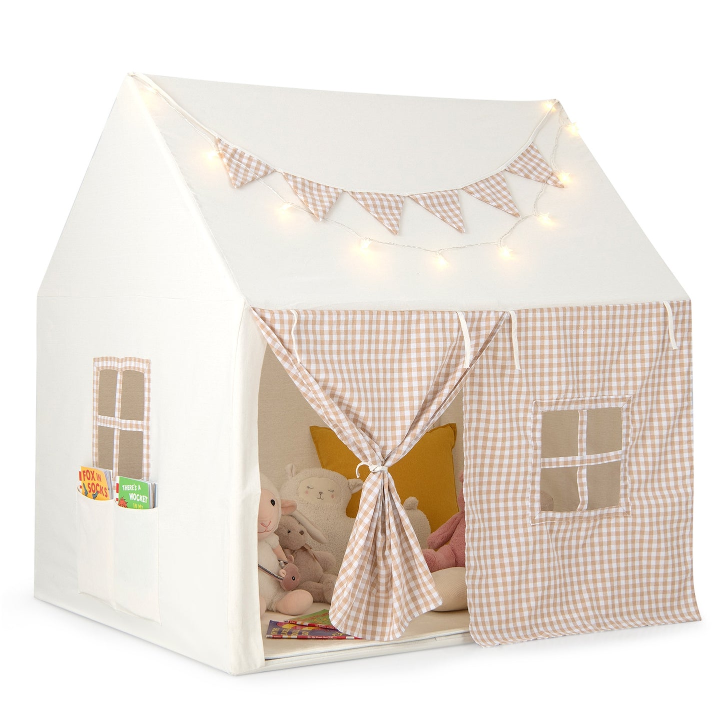 Kids Play Tent Large Playhouse with Padded Mat and 2 Breathable Windows-Beige Kids Crystal