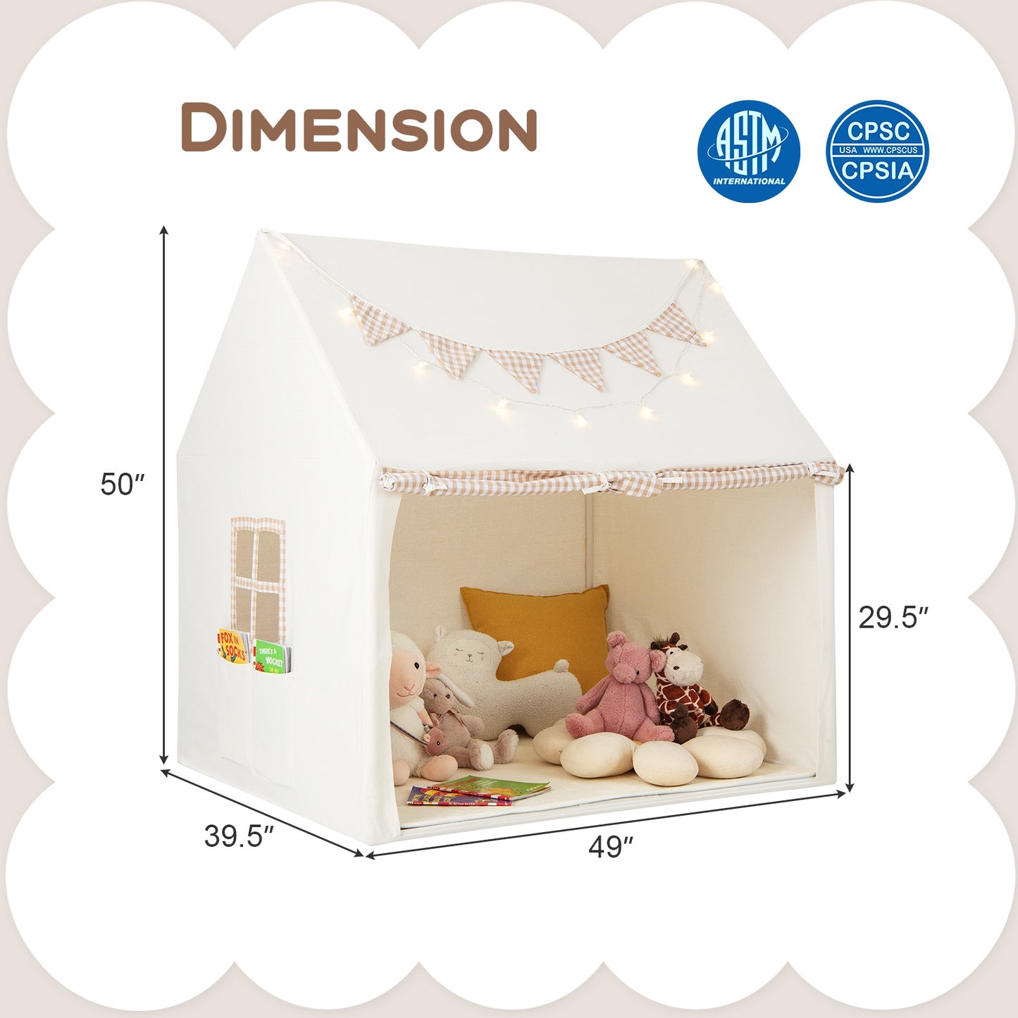 Kids Play Tent Large Playhouse with Padded Mat and 2 Breathable Windows-Beige Kids Crystal