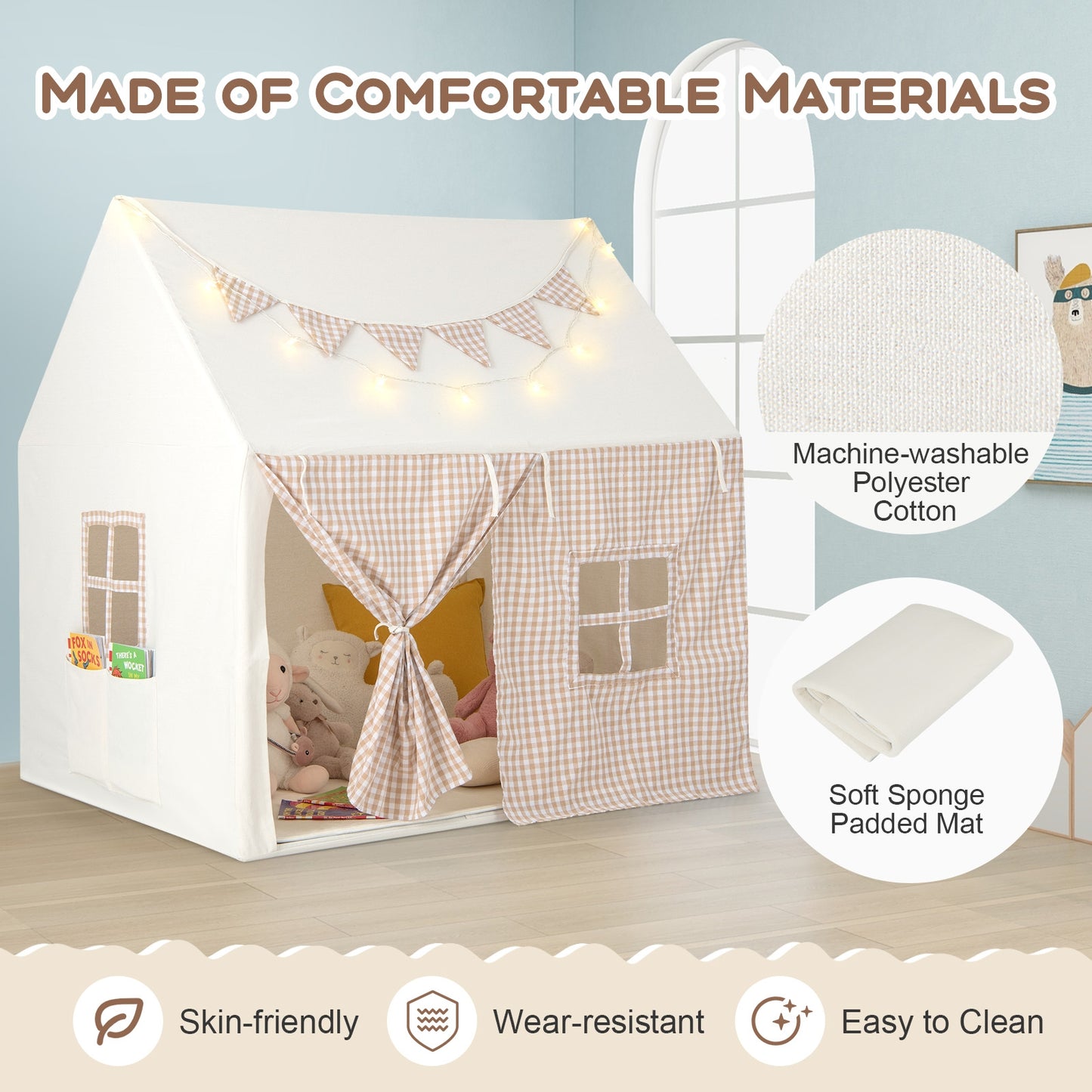 Kids Play Tent Large Playhouse with Padded Mat and 2 Breathable Windows-Beige Kids Crystal