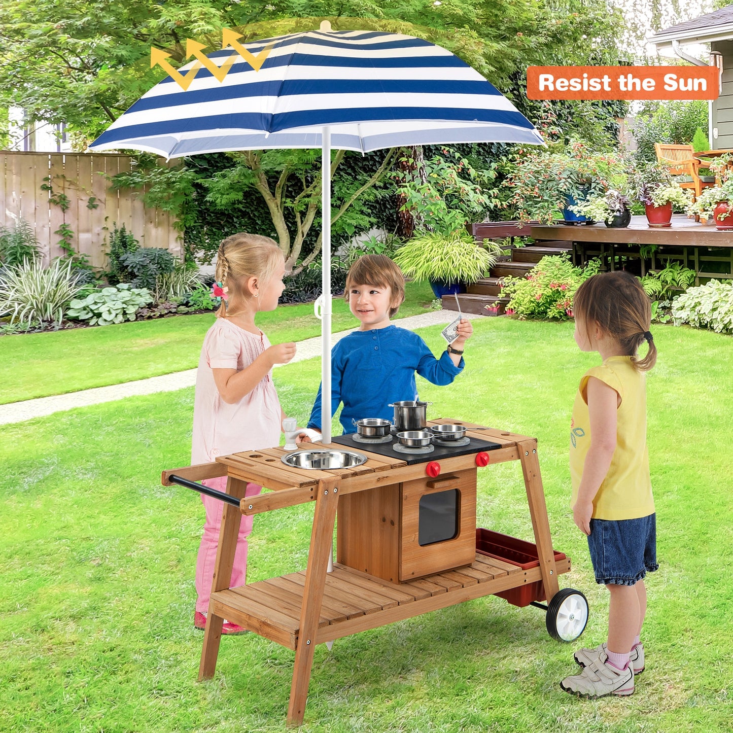 Wooden Play Cart with Sun Proof Umbrella for Toddlers Over 3 Years Old-Blue Kids Crystal