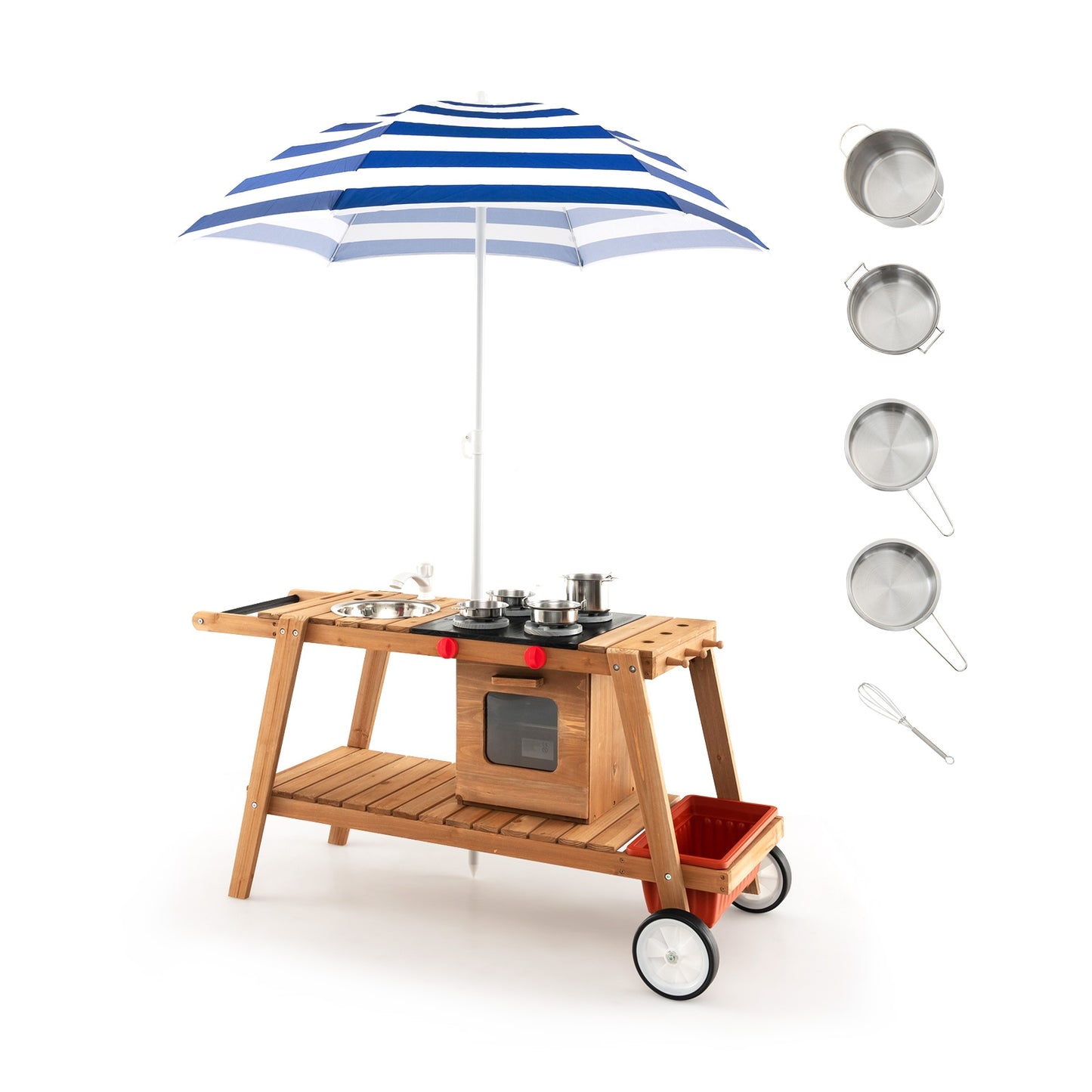 Wooden Play Cart with Sun Proof Umbrella for Toddlers Over 3 Years Old-Blue Kids Crystal